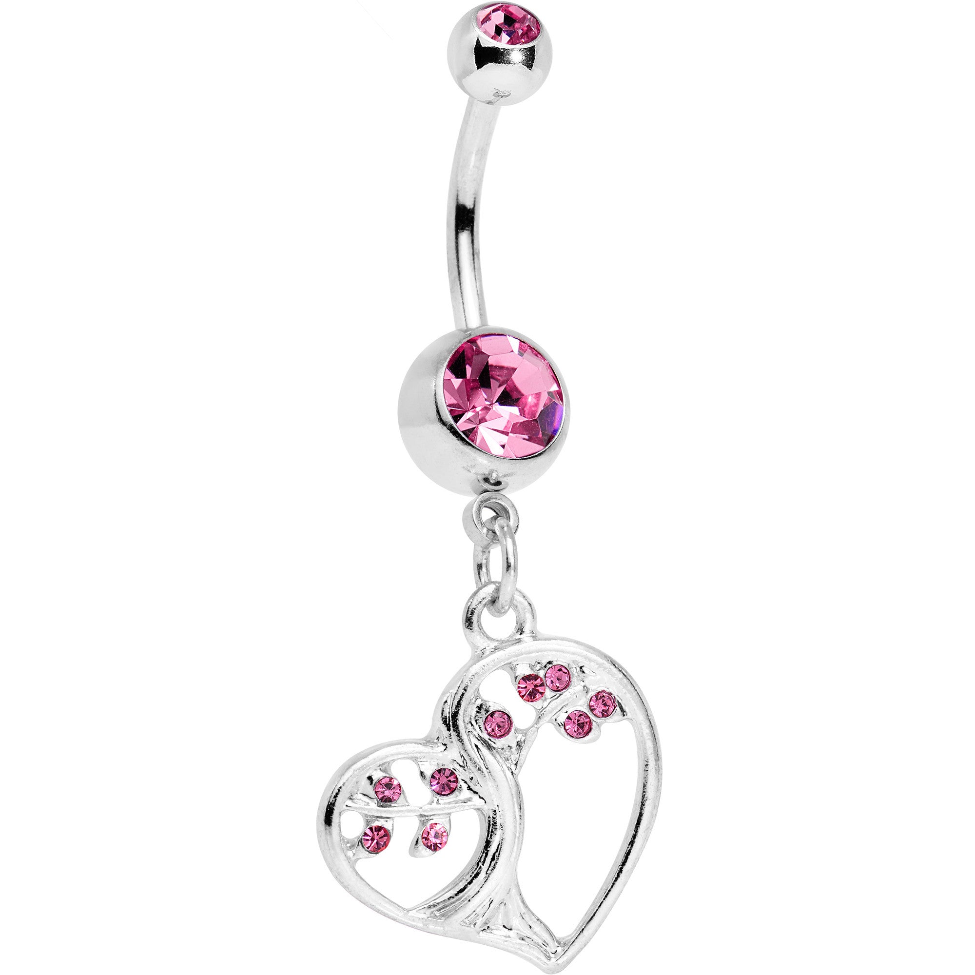 Pink CZ Gem Tree of Life Heart Dangle Belly Ring