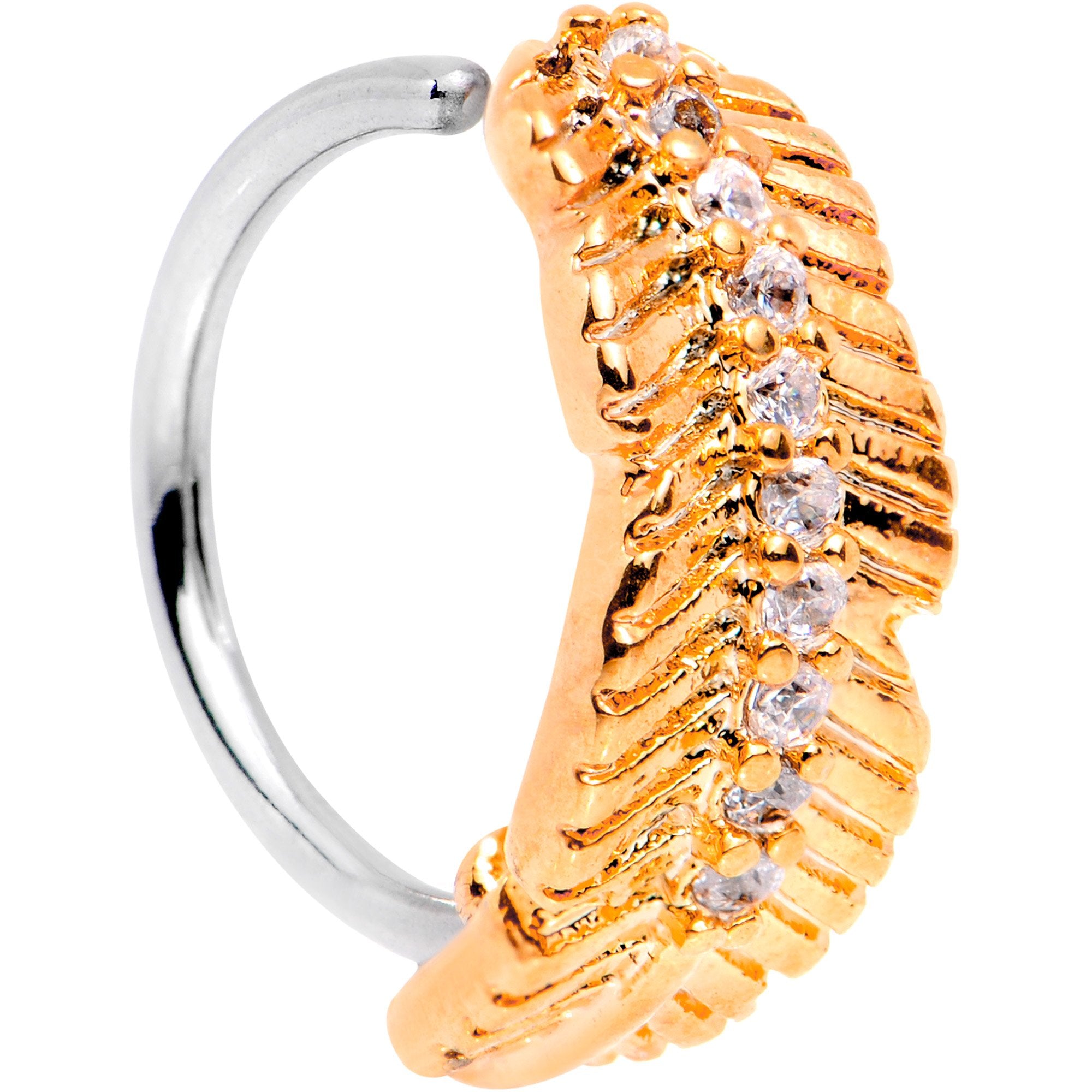 18 Gauge Clear CZ Gem Rose Gold Tone Feather Seamless Circular Ring