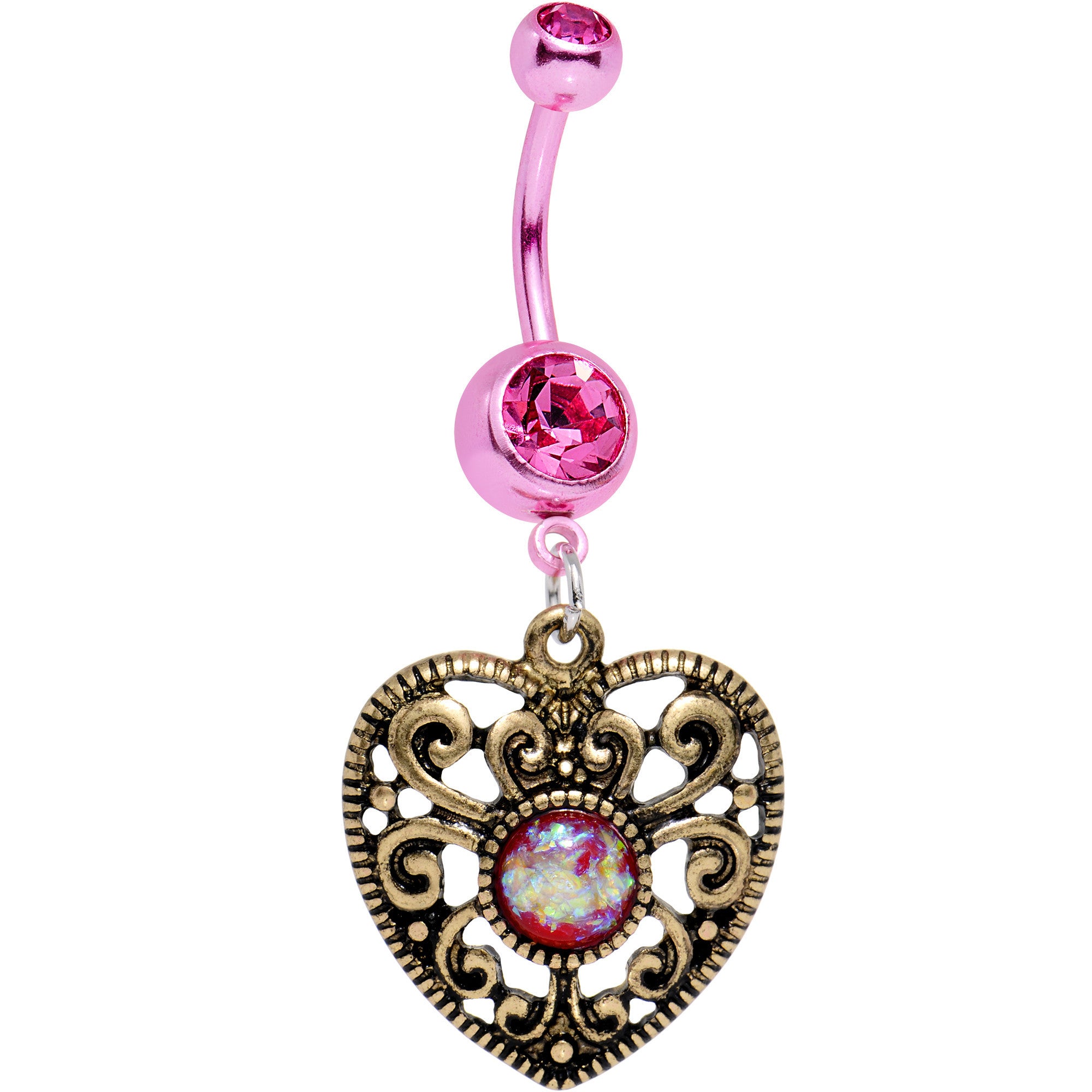 Pink Faux Opal Pink Bygone Heart Dangle Belly Ring