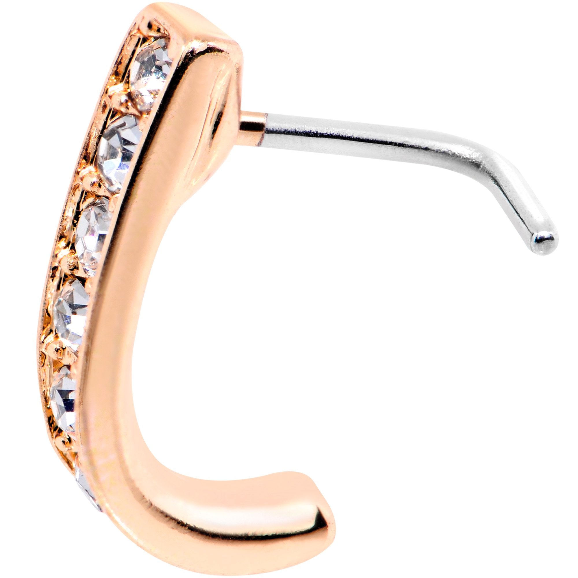 20 Gauge Clear CZ Sleek Rose Gold Tone Faux Hoop L Shaped Nose Ring