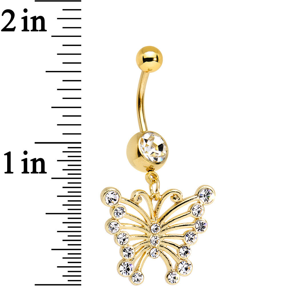 Clear Gem Gold PVD Brazen Butterfly Dangle Belly Ring