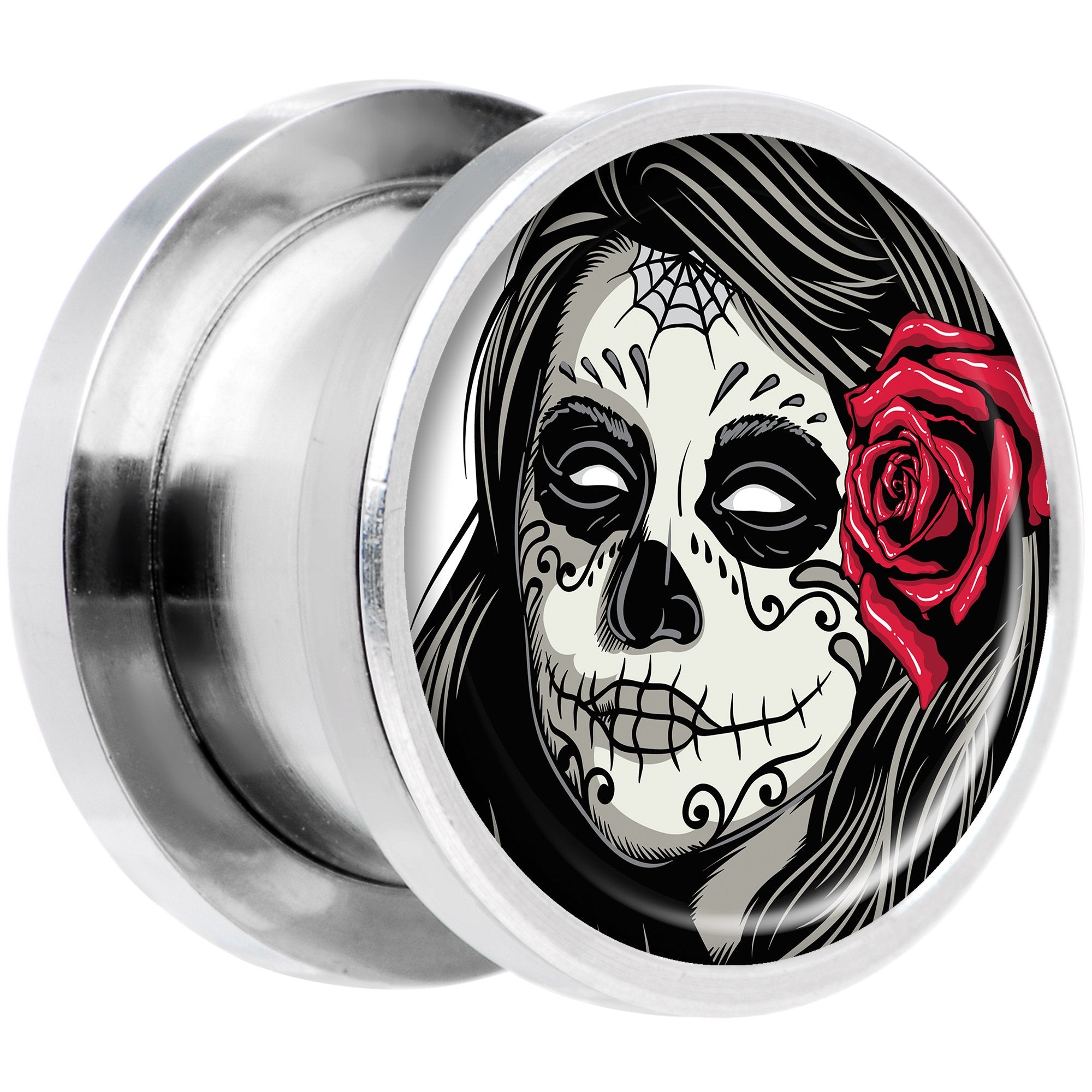 Katrina Sugar Skull with Rose Flower Steel Screw Fit Plug Set 1/2