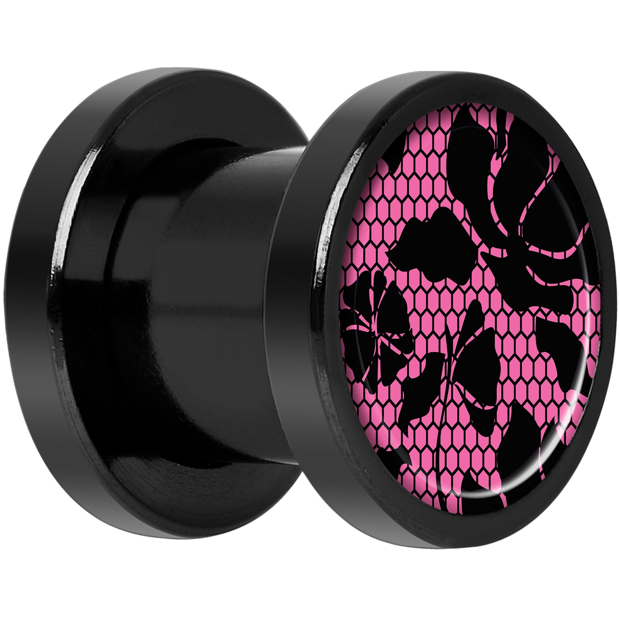 Pink Floral Lace Black Anodized Screw Fit Plug Set 0 Gauge