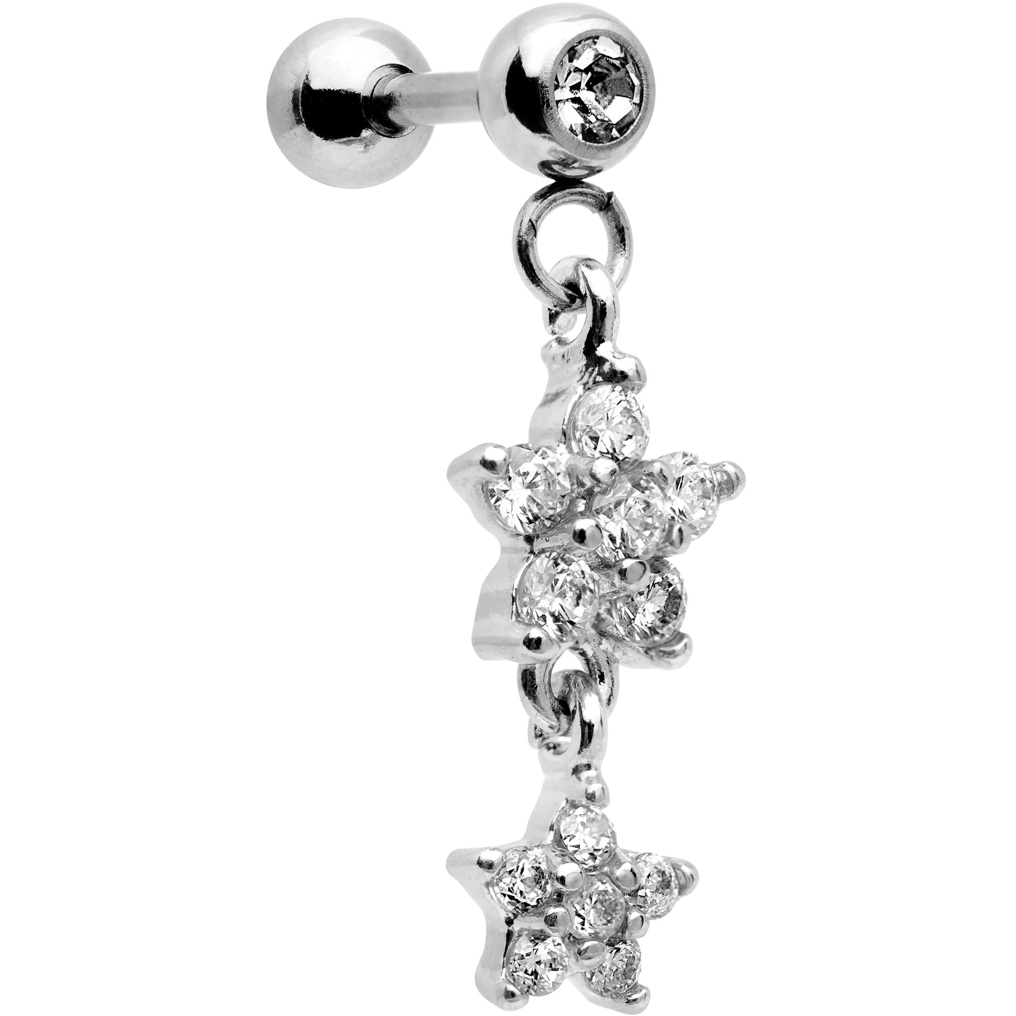 16 Gauge 1/4 Clear Gem Double Star Dangle Cartilage Tragus Earring