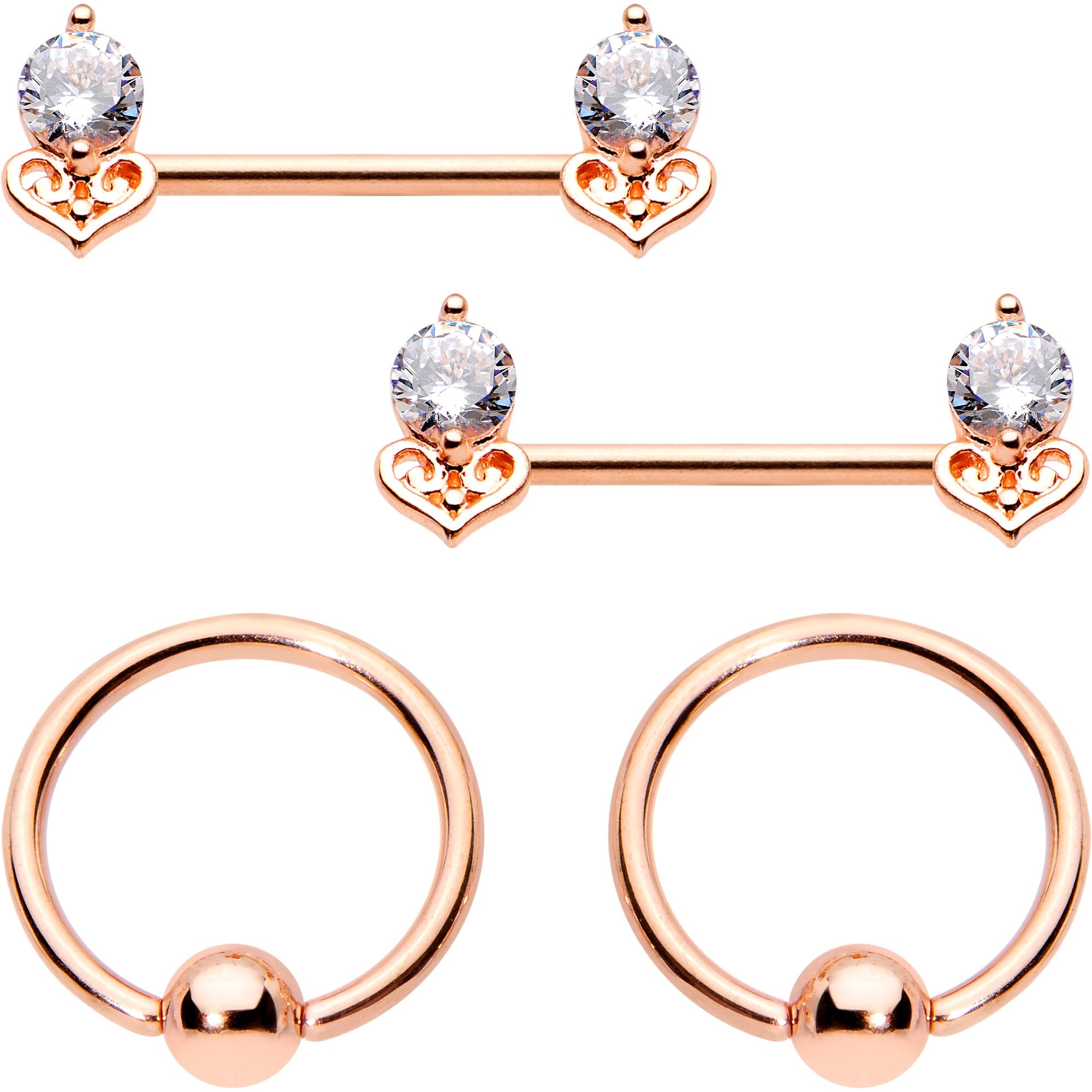 14 Gauge Clear CZ Gem Rose Gold Tone BCR Ring Barbell Nipple Ring Set