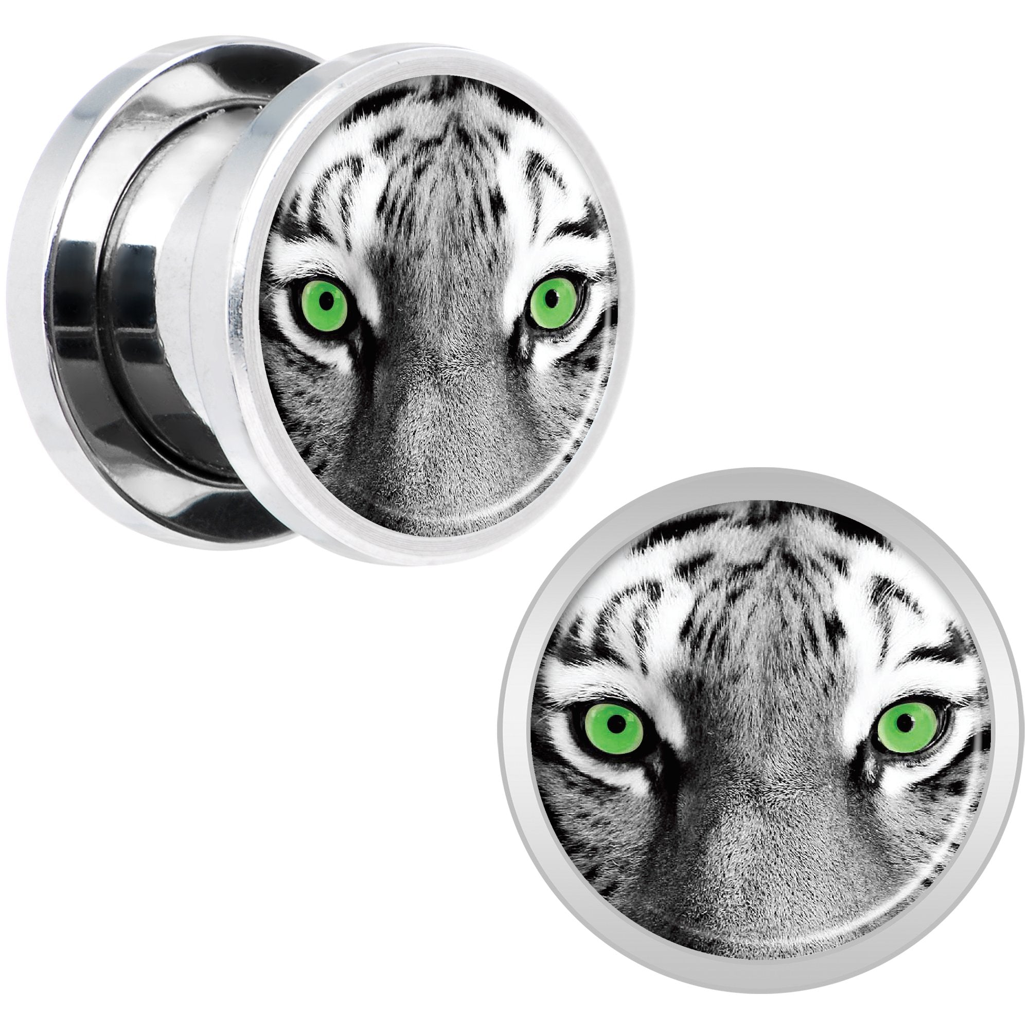 Black White Tiger Eyes Steel Screw Fit Plug Set 00 Gauge