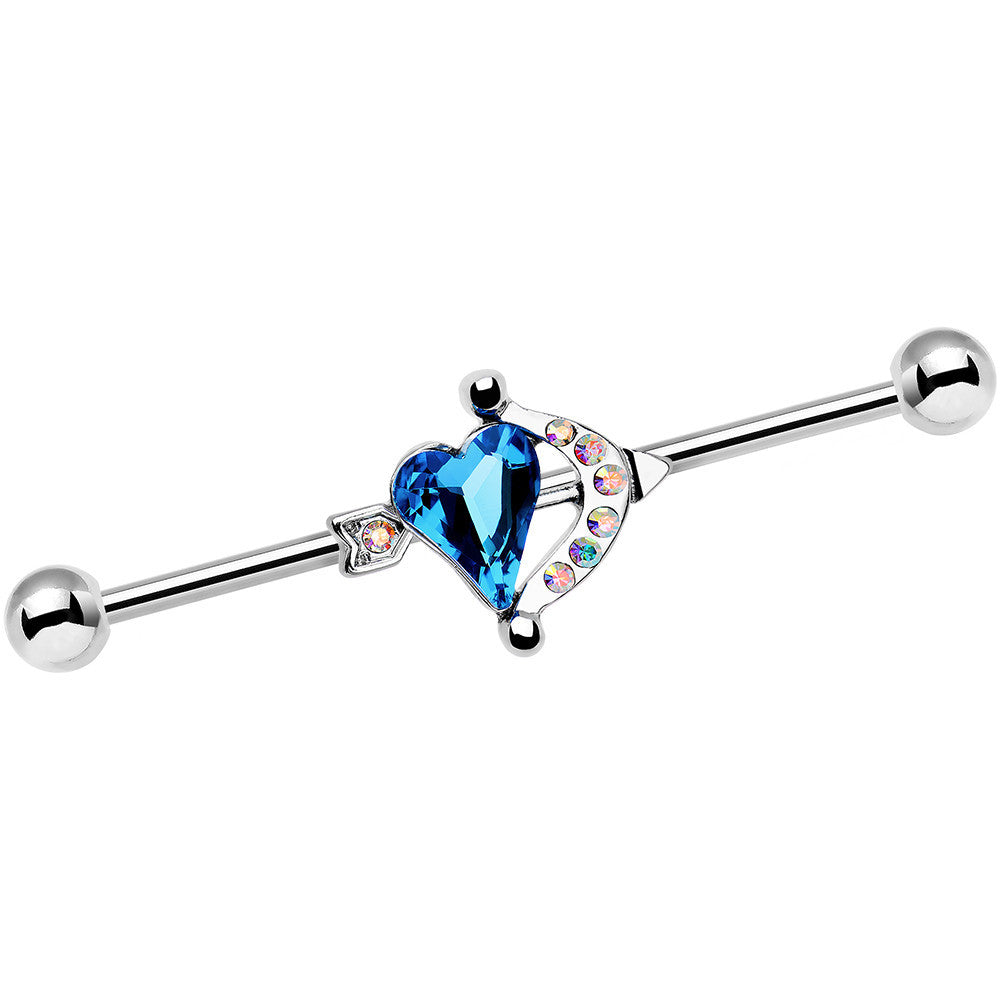 Aqua Aurora Gem Heart and Arrow Calling Cupid Industrial Barbell 38mm