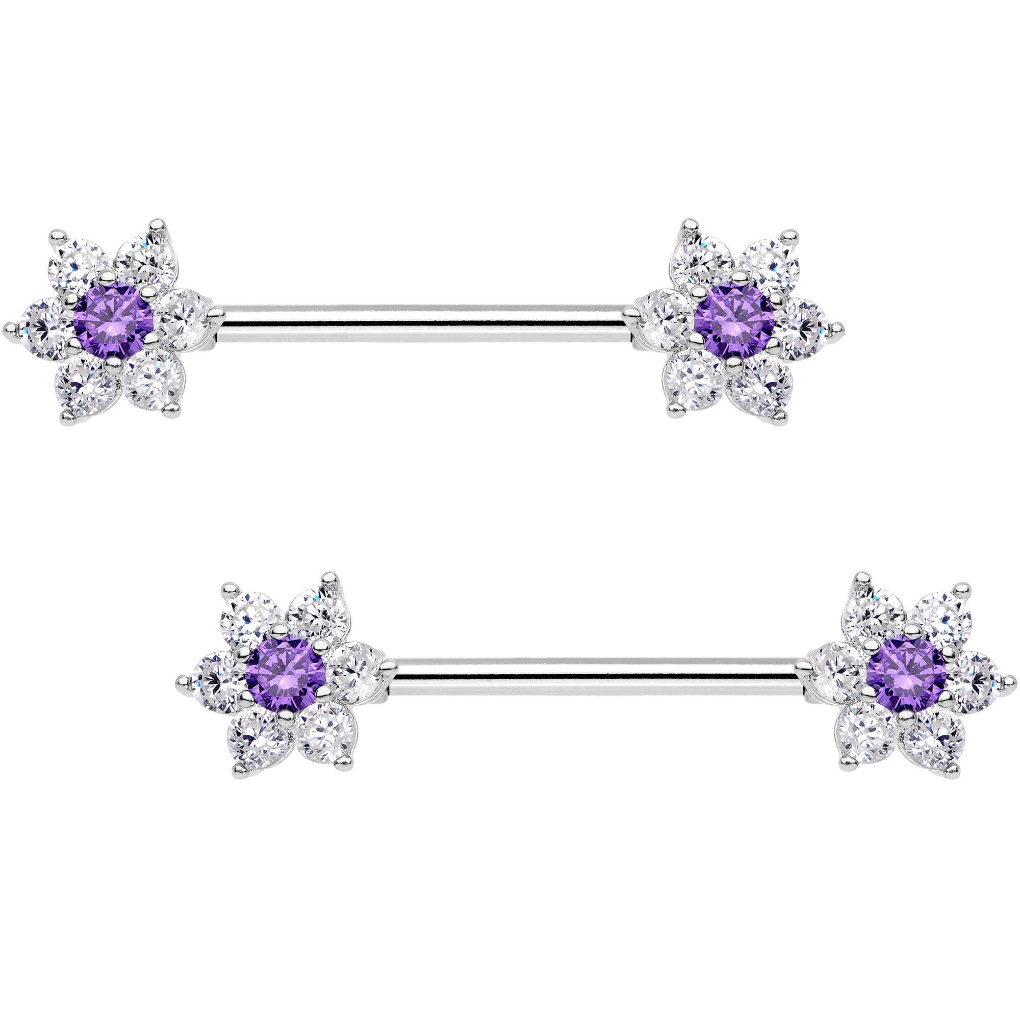 9/16 Purple CZ Gem Shimmering Flower Petal Barbell Nipple Ring Set