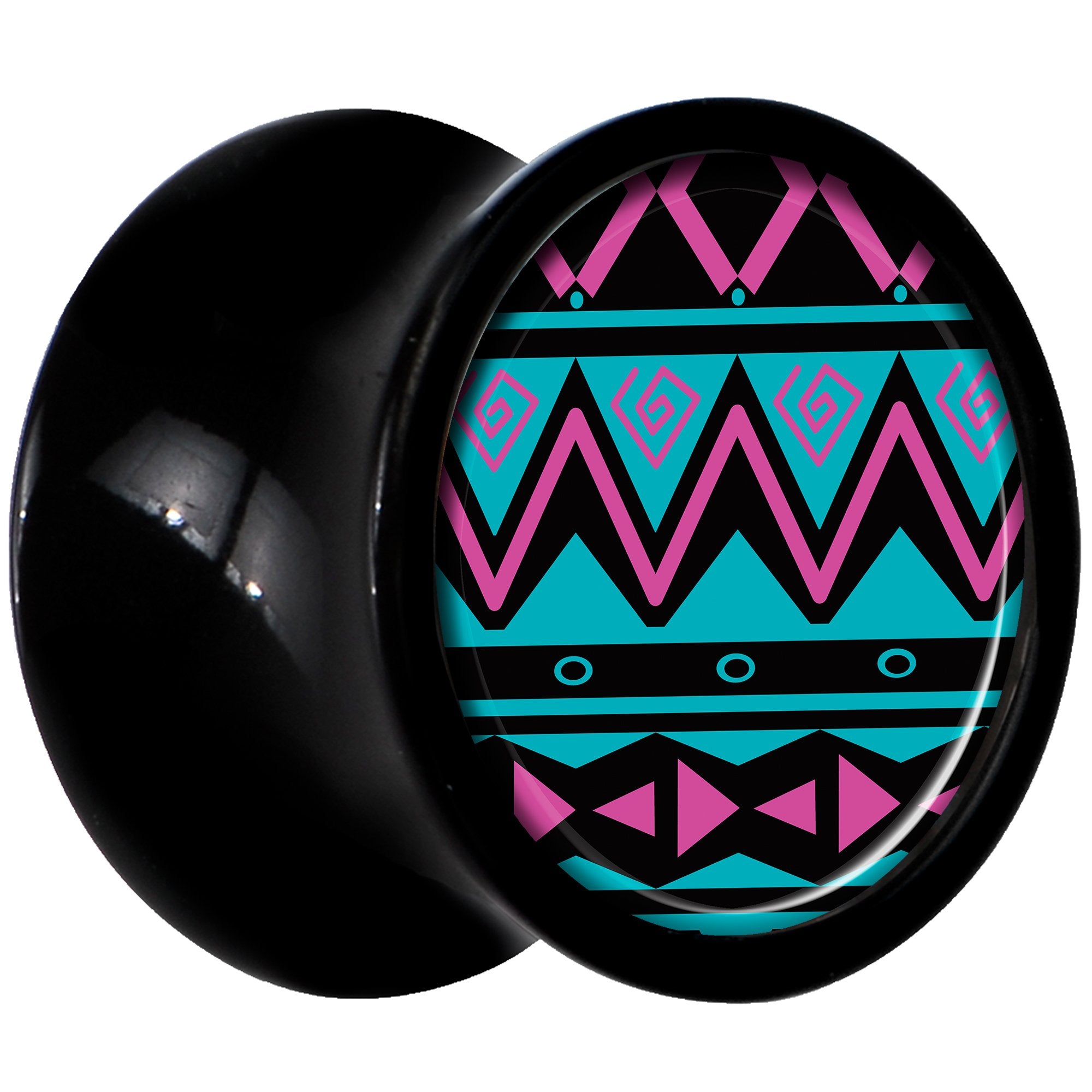 Black Acrylic Pink Teal Tribal Print Saddle Plug Set 0 Gauge