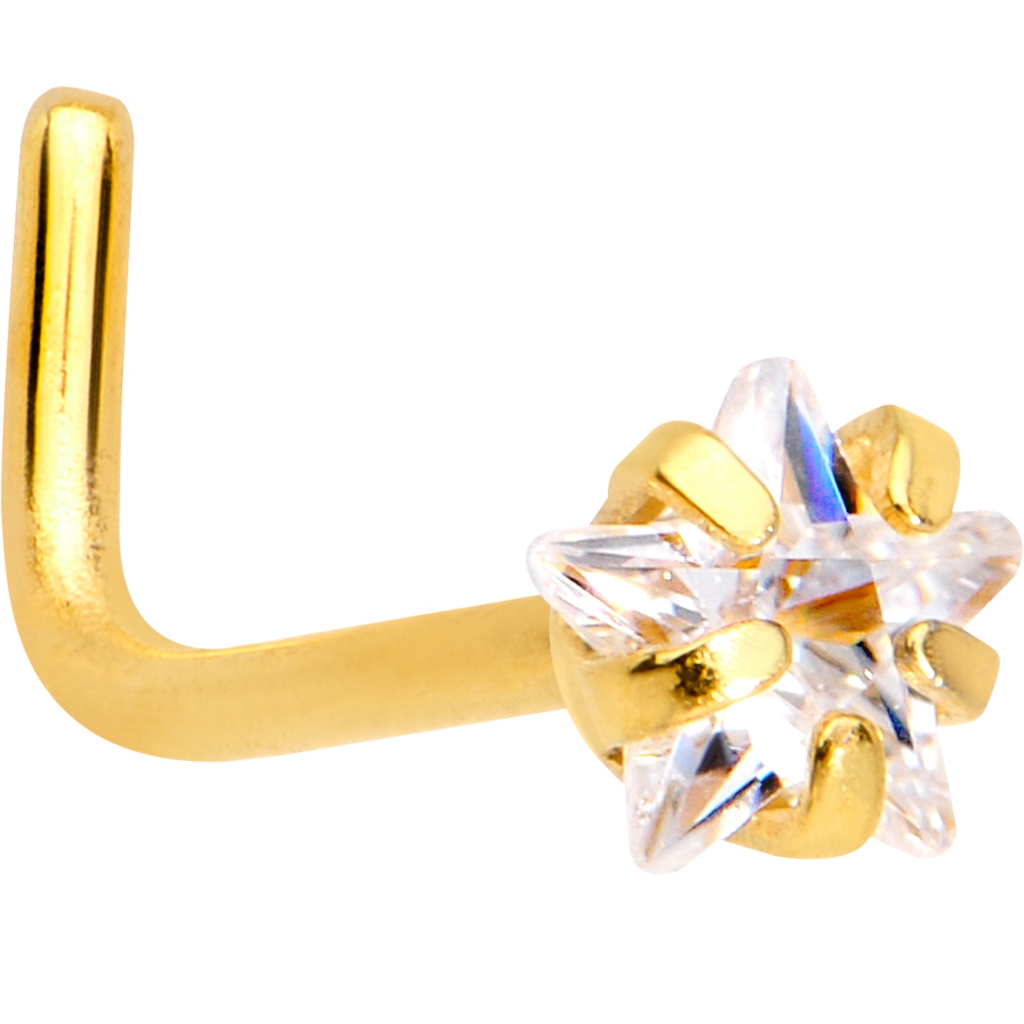 20 Gauge 1/4 Clear Star 3mm CZ Gem Gold IP L-Shape Nose Ring