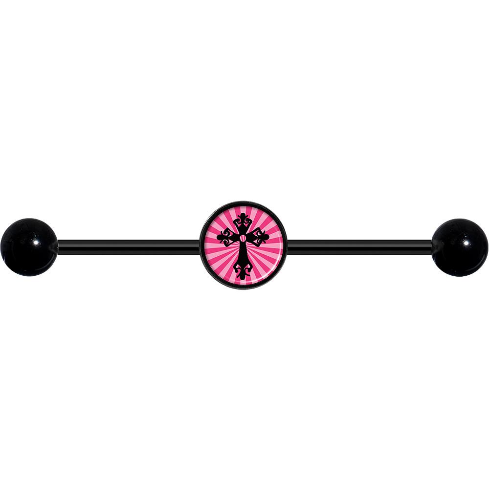 14 Gauge Pink Black Radiant Cross Black Industrial Barbell 37mm