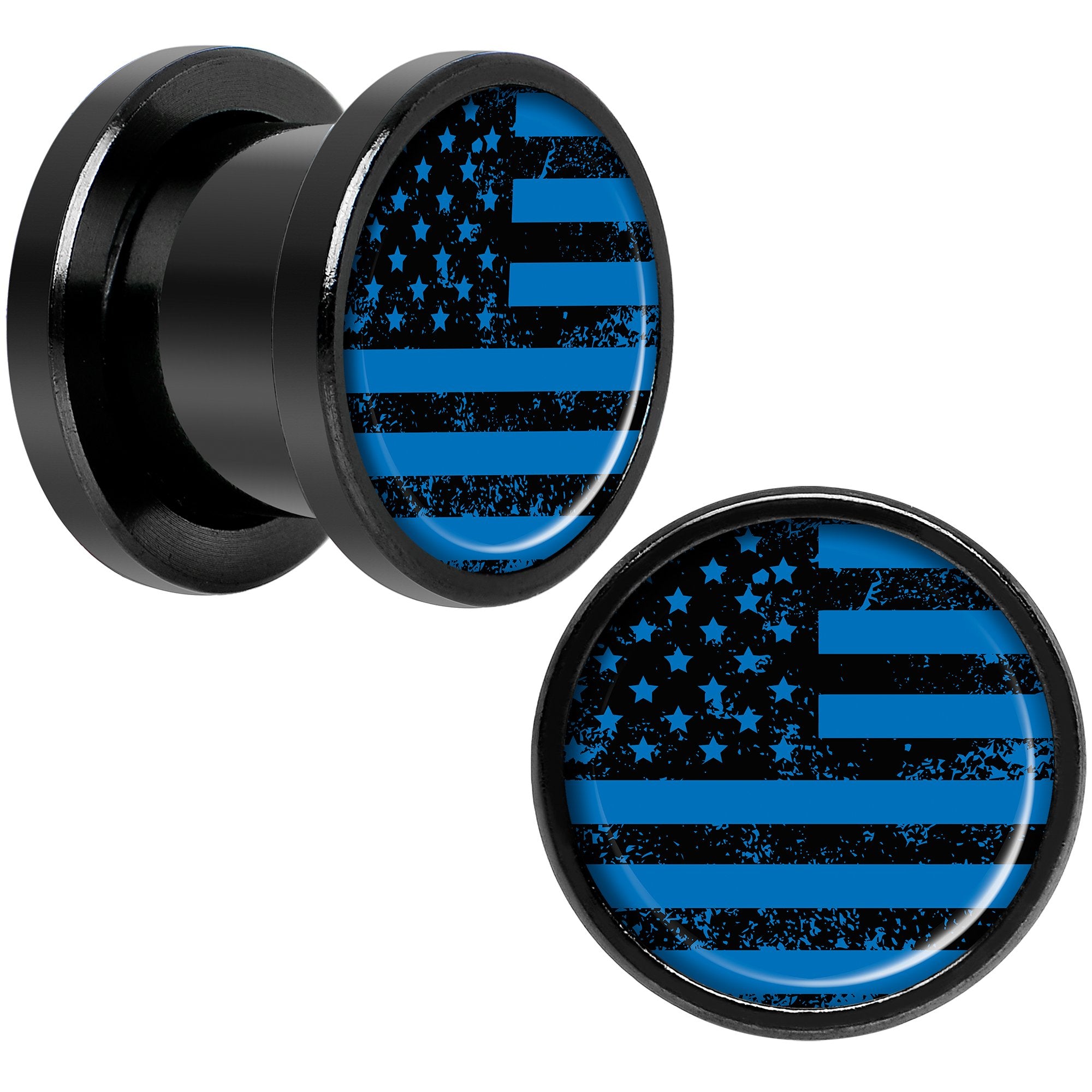 Blue American Flag Black Anodized Screw Fit Plug Set 00 Gauge