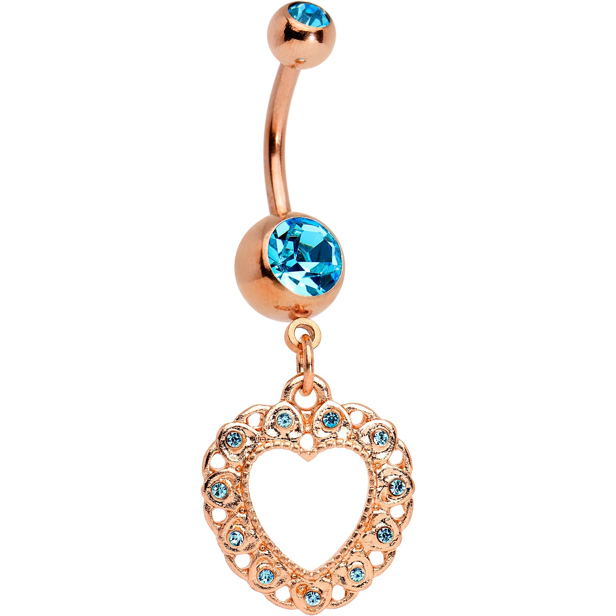 Aqua Gem Rose Gold Tone Anodized Lacey Hollow Heart Dangle Belly Ring