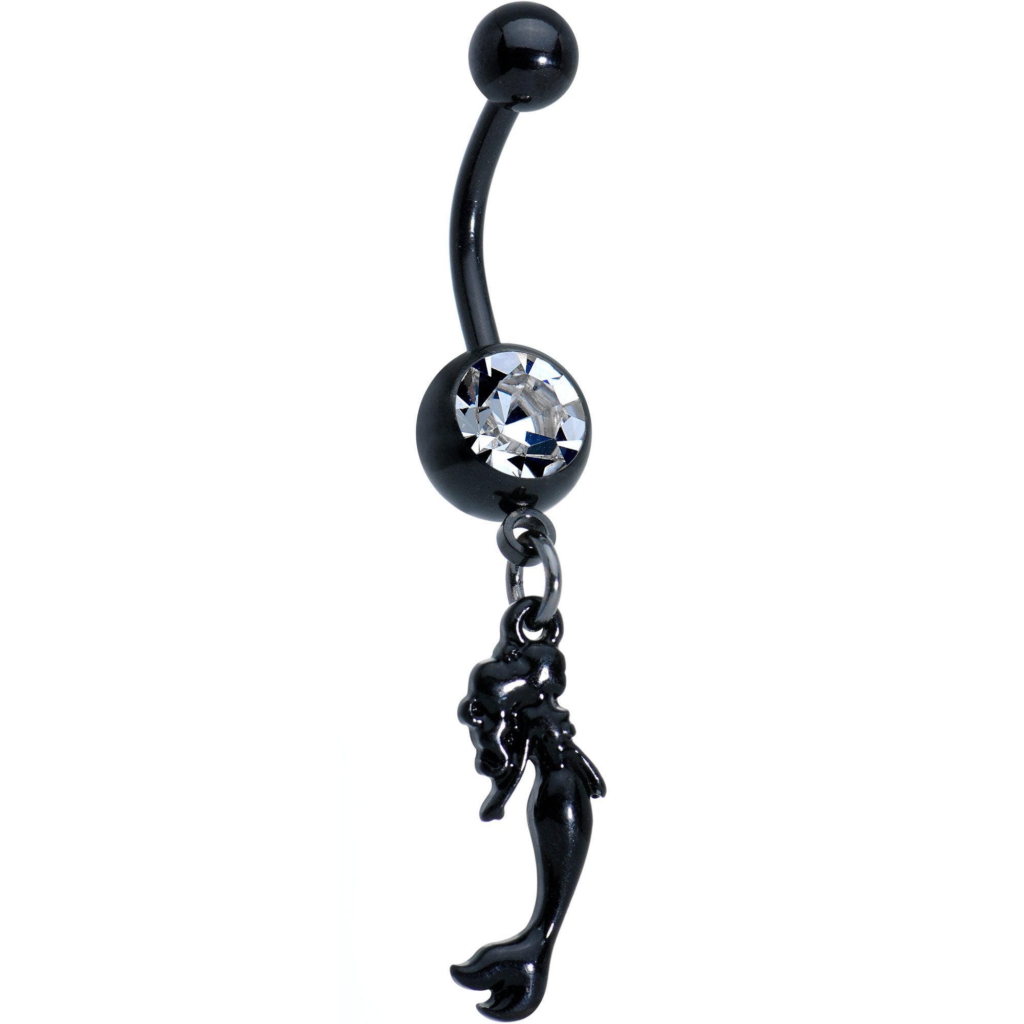 Clear Gem Black PVD Diving Mermaid Dangle Belly Ring