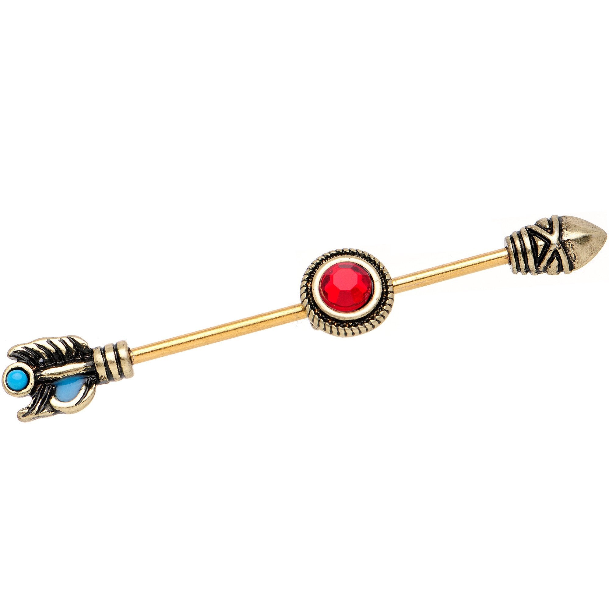 Red Gem Gold PVD Southwestern Sacred Spear Industrial Barbell 38mm