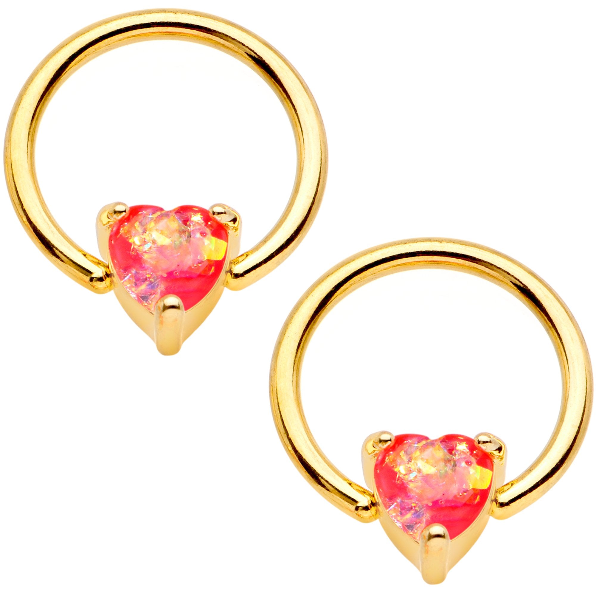 14 Gauge Coral Pink Faux Opal Heart BCR Ring Barbell Nipple Ring Set