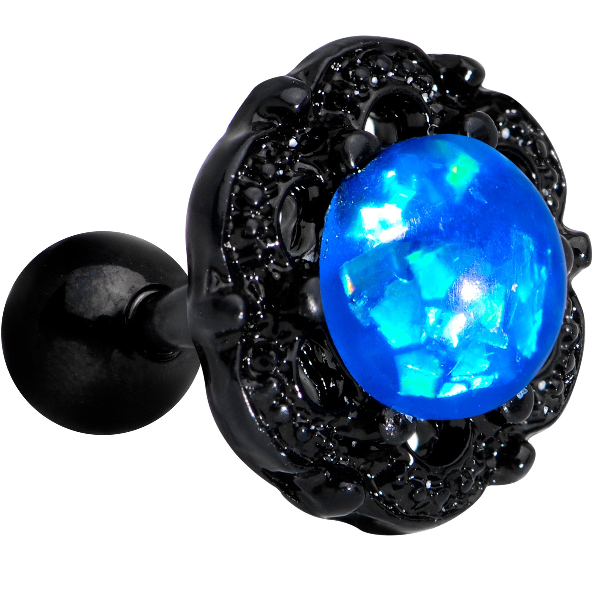 16 Gauge 1/4 Black PVD Blue Faux Opal Ornate Tragus Cartilage Earring