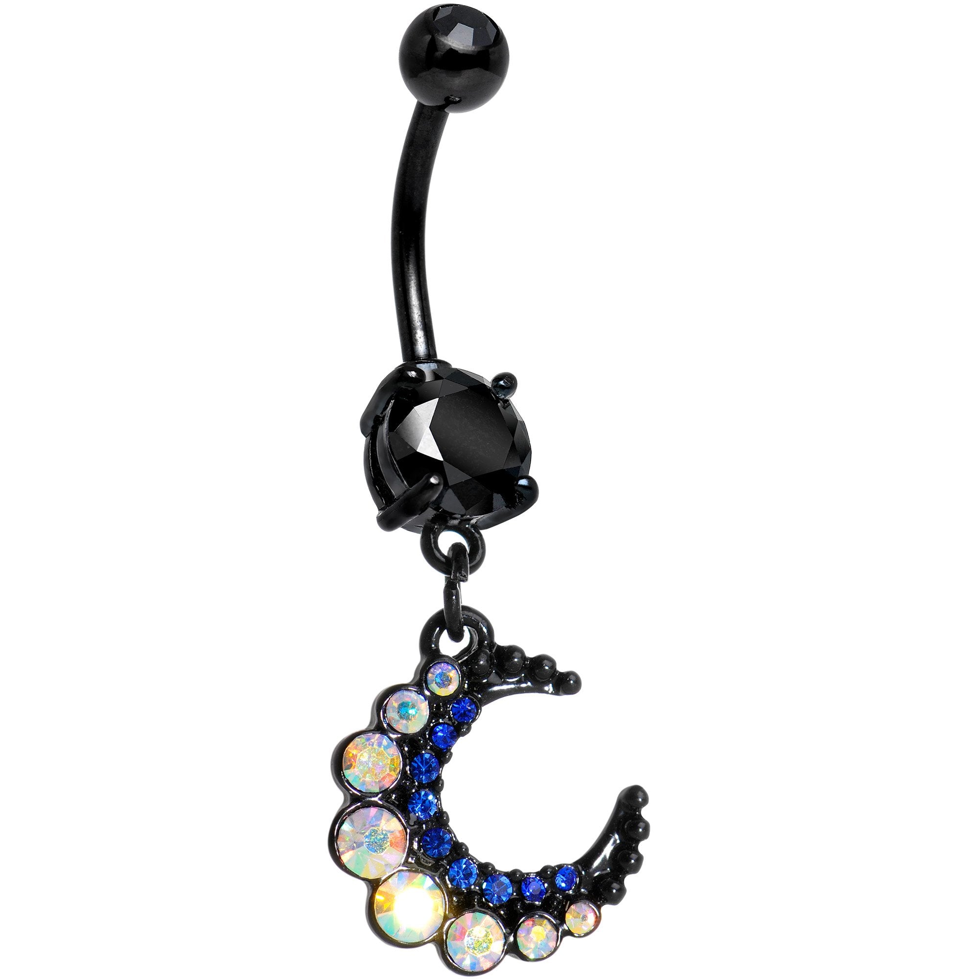 Aurora Gem Encrusted Black Crescent Moon Dangle Belly Ring