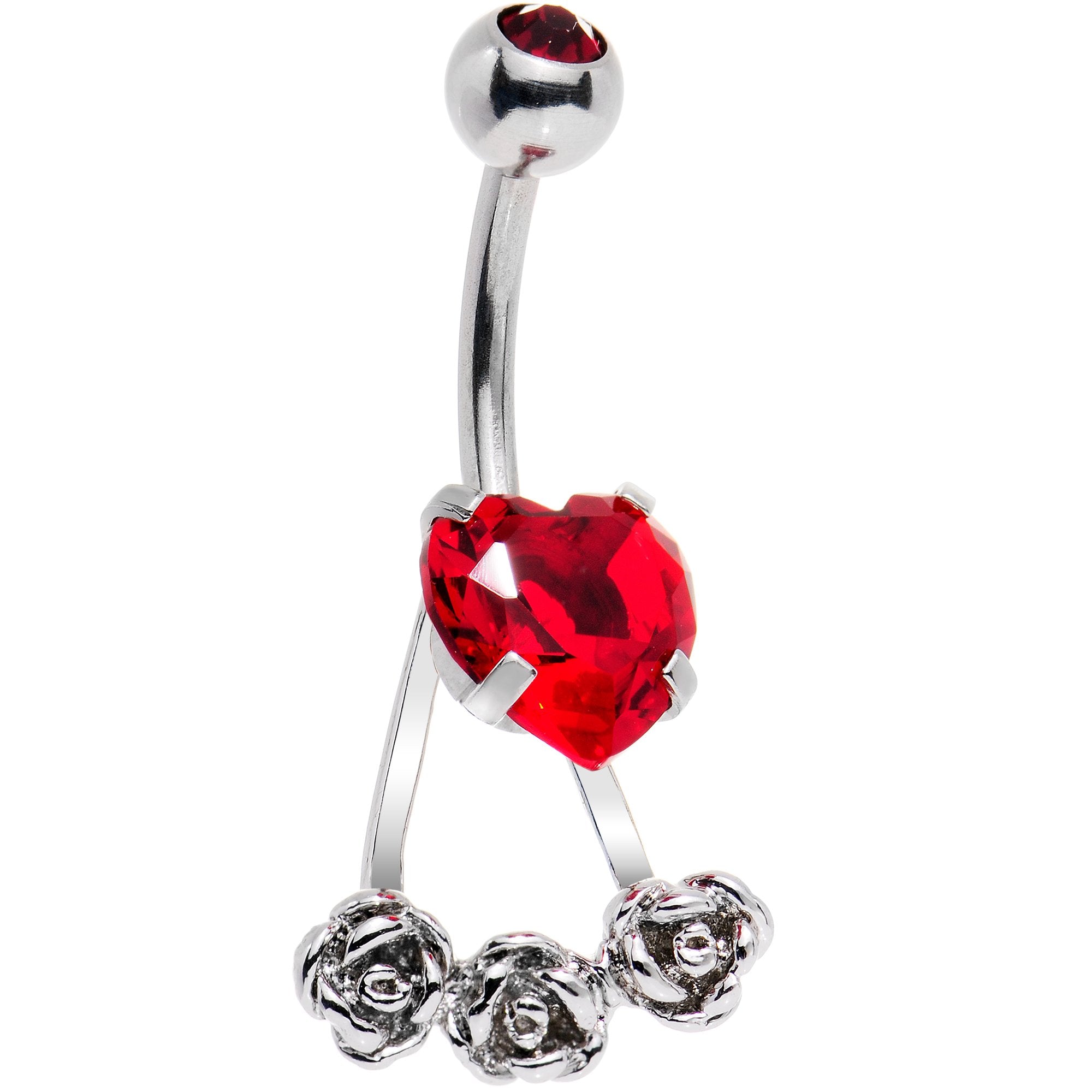 Red CZ Gem Heart Kissed Rose Flower Dangle Belly Ring