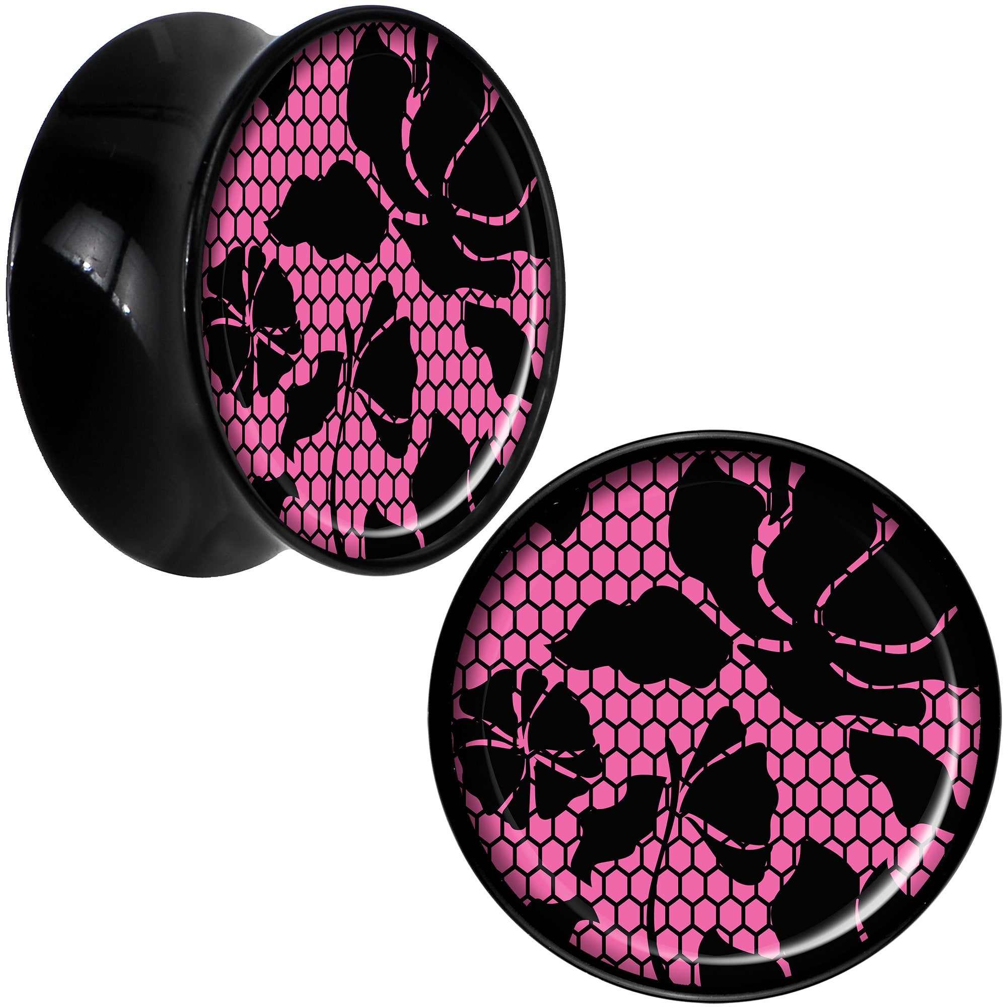 Black Acrylic Pink Floral Lace Saddle Plug Set 18mm