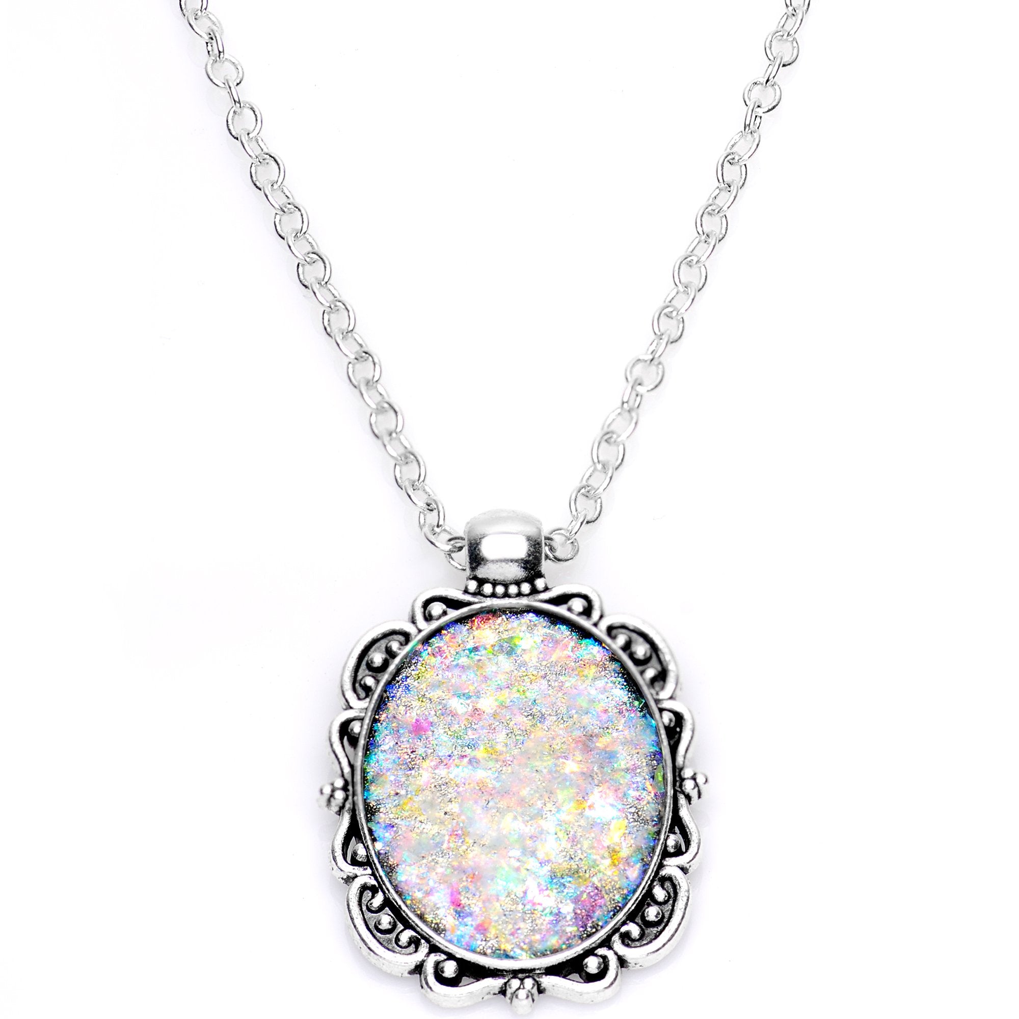 Handcrafted White Faux Opal Splash Silver Plated Chain Necklace