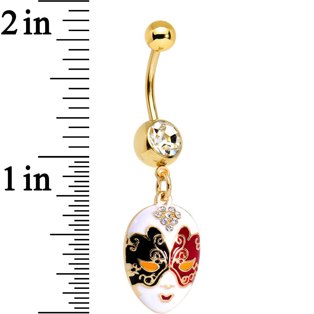 Clear Gem Gold PVD Red Black Heart Masquerade Mask Dangle Belly Ring