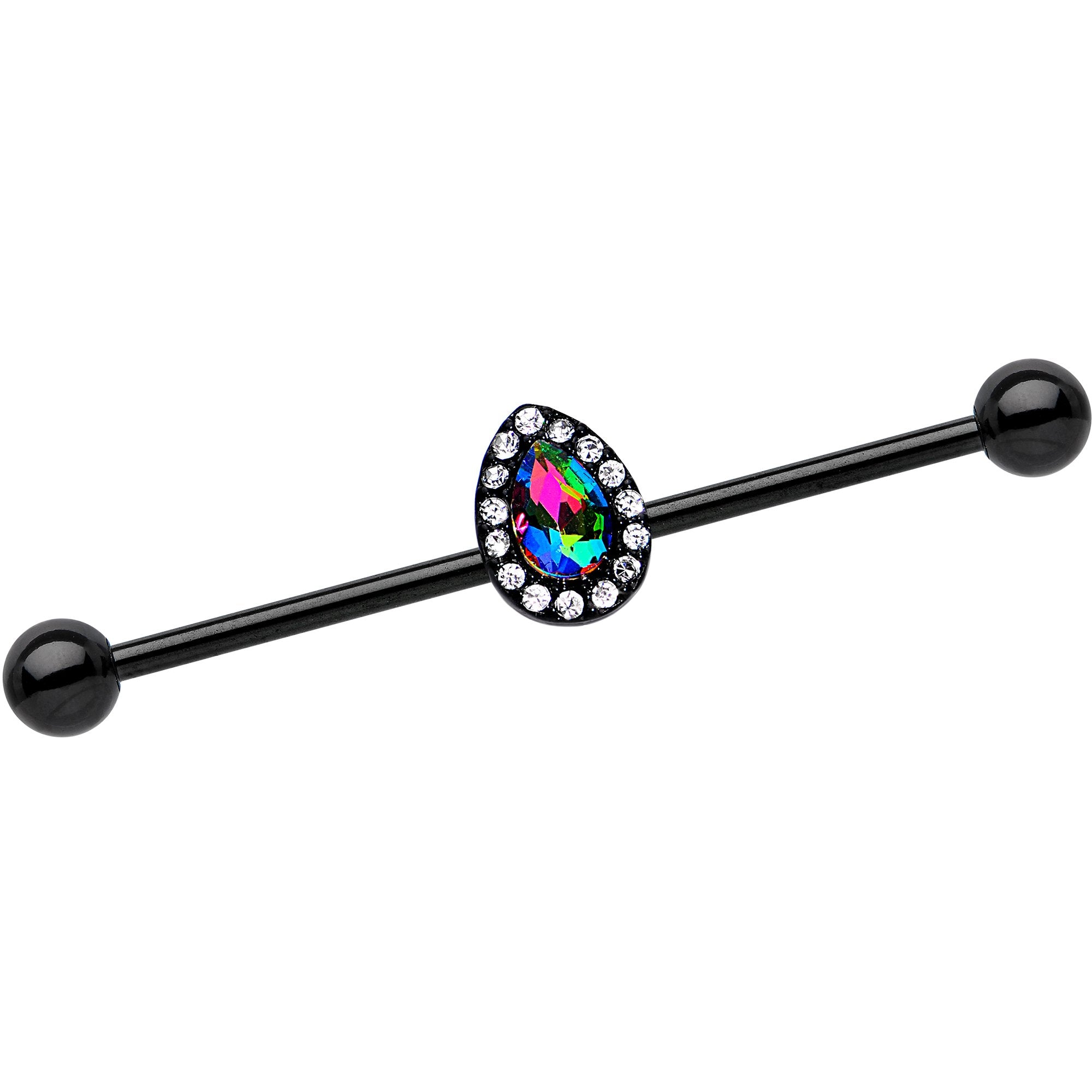 Rainbow Gem Black Anodized Bubblegum Teardrop Industrial Barbell 38mm