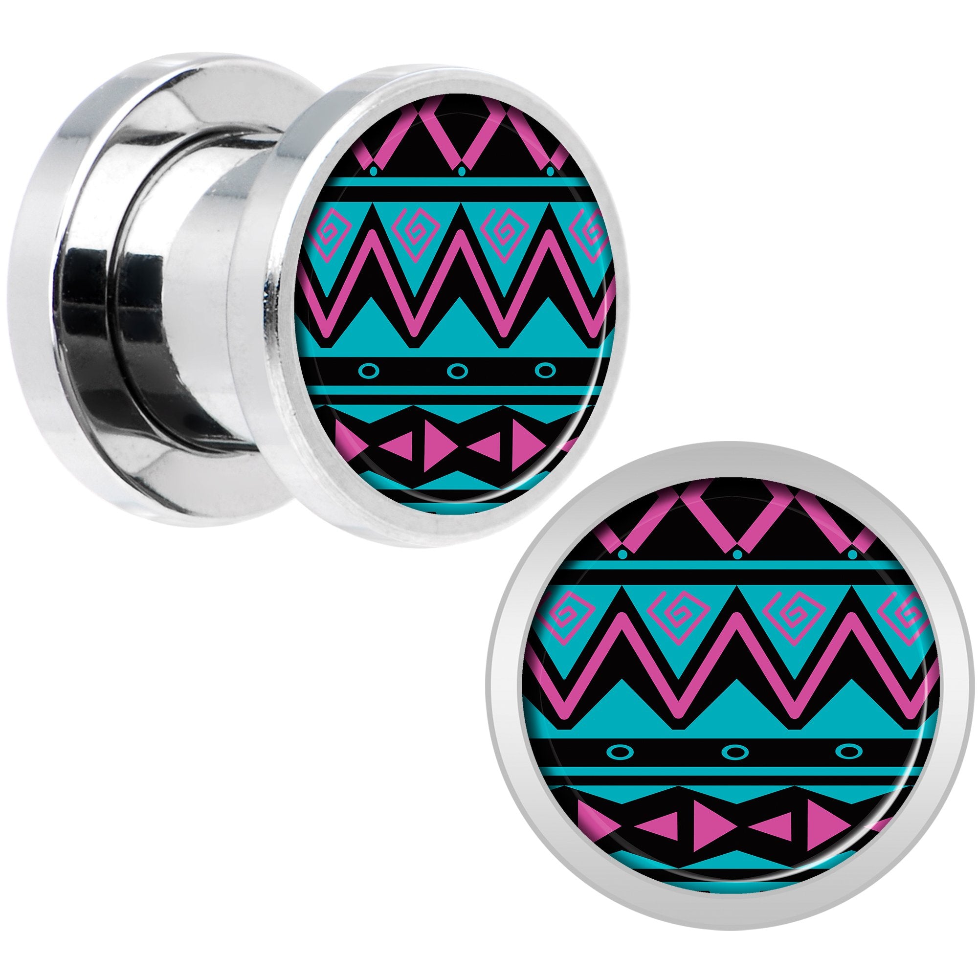 Pink Teal Tribal Print Steel Screw Fit Plug Set 0 Gauge