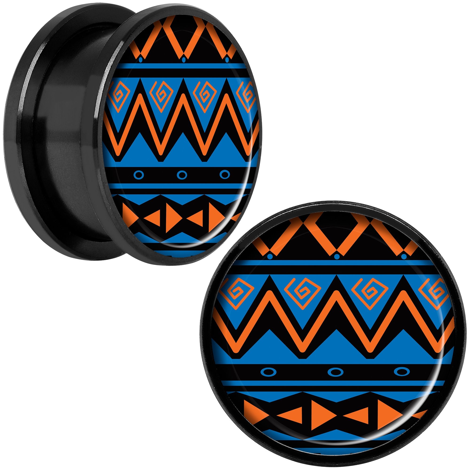 Blue Orange Tribal Print Black Anodized Screw Fit Plug Set 18mm