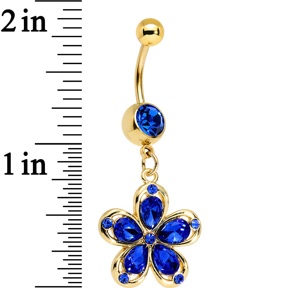 Blue Gem Gold PVD Zinnia Flower Dangle Belly Ring