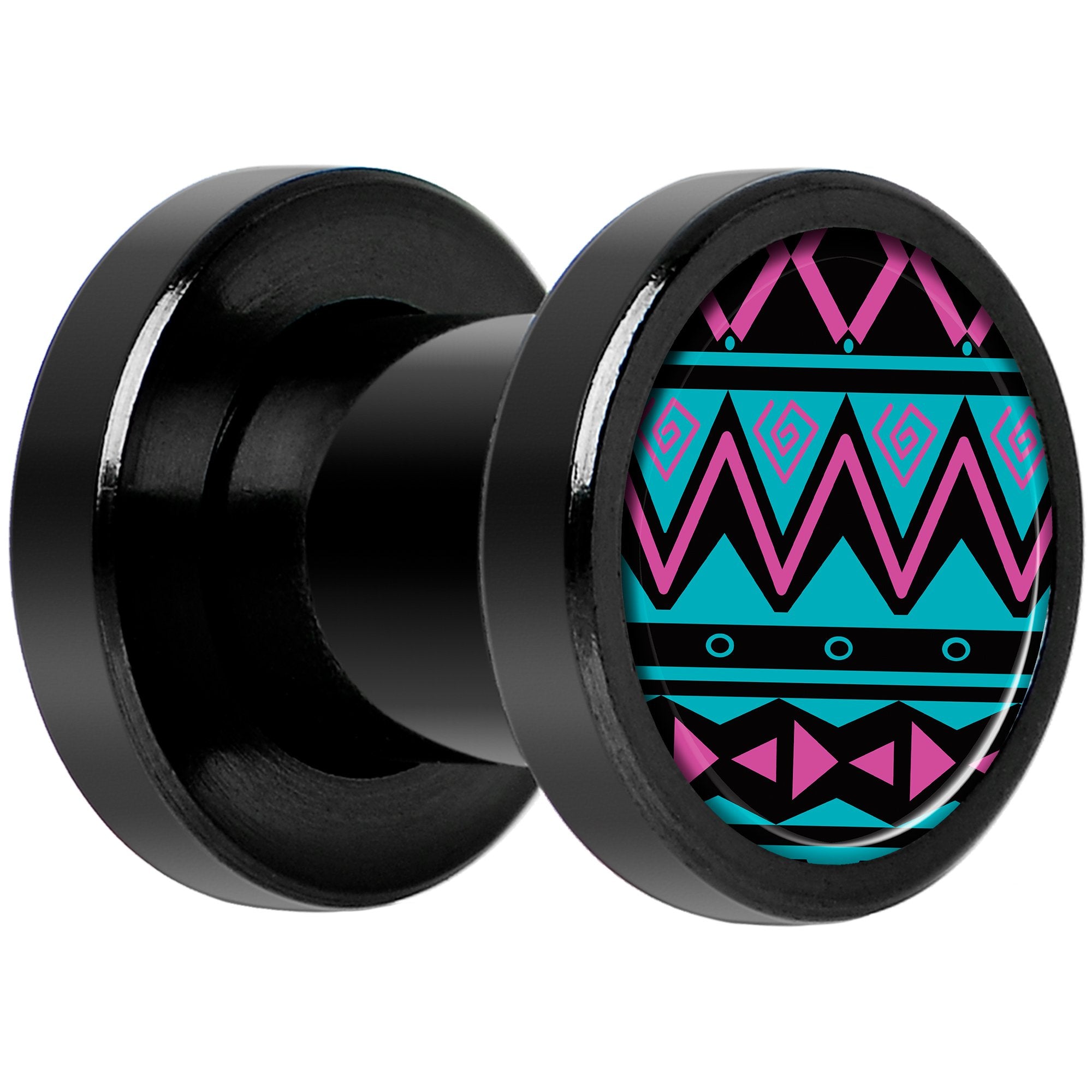 Pink Teal Tribal Print Black Anodized Screw Fit Plug Set 2 Gauge