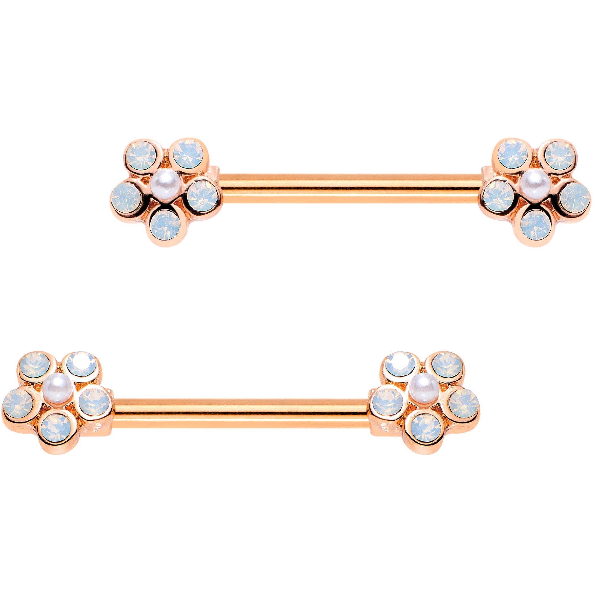 9/16 White Faux Opal Rose Gold Plated Flower Barbell Nipple Ring Set