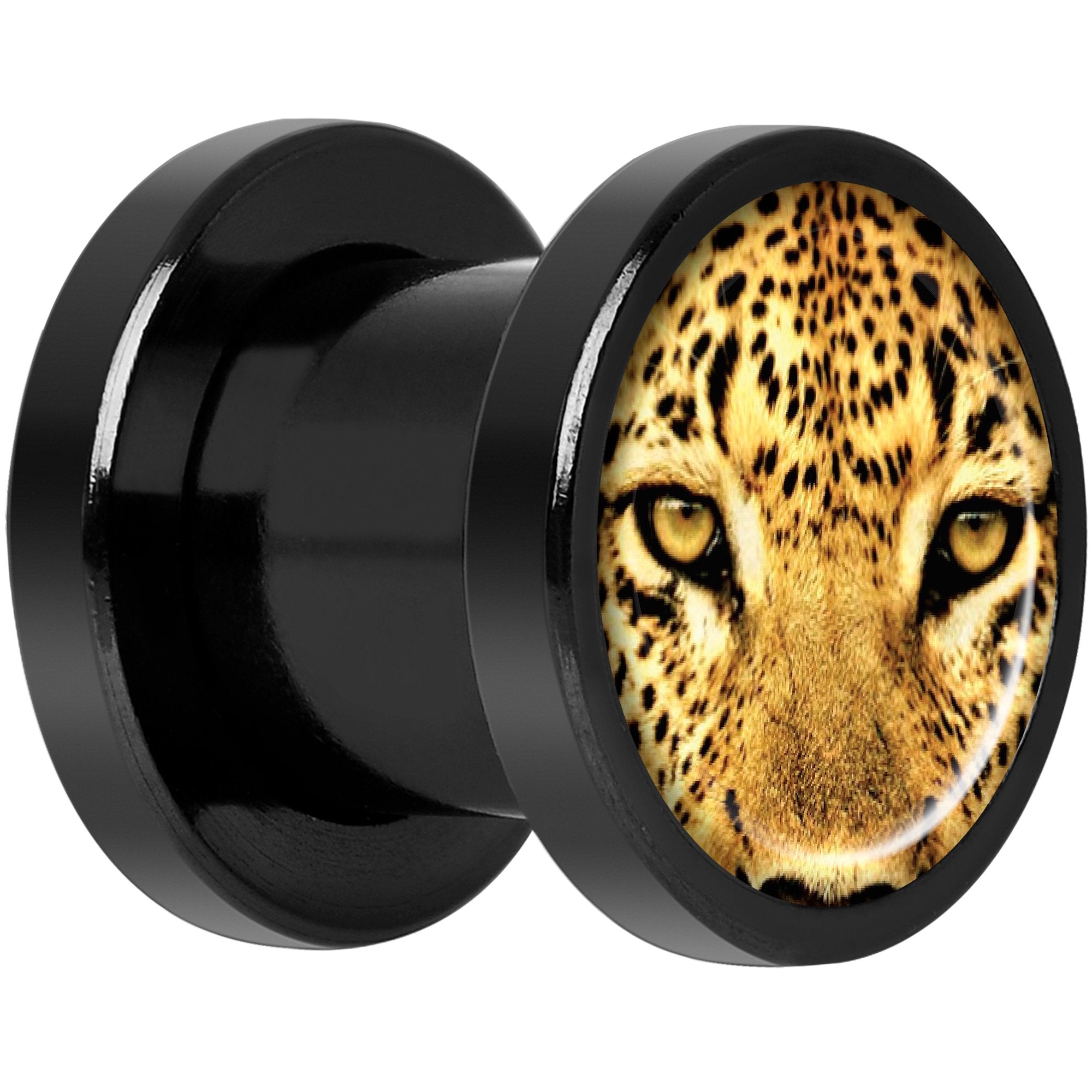 Full Color Leopard Eyes Black Anodized Screw Fit Plug Set 0 Gauge