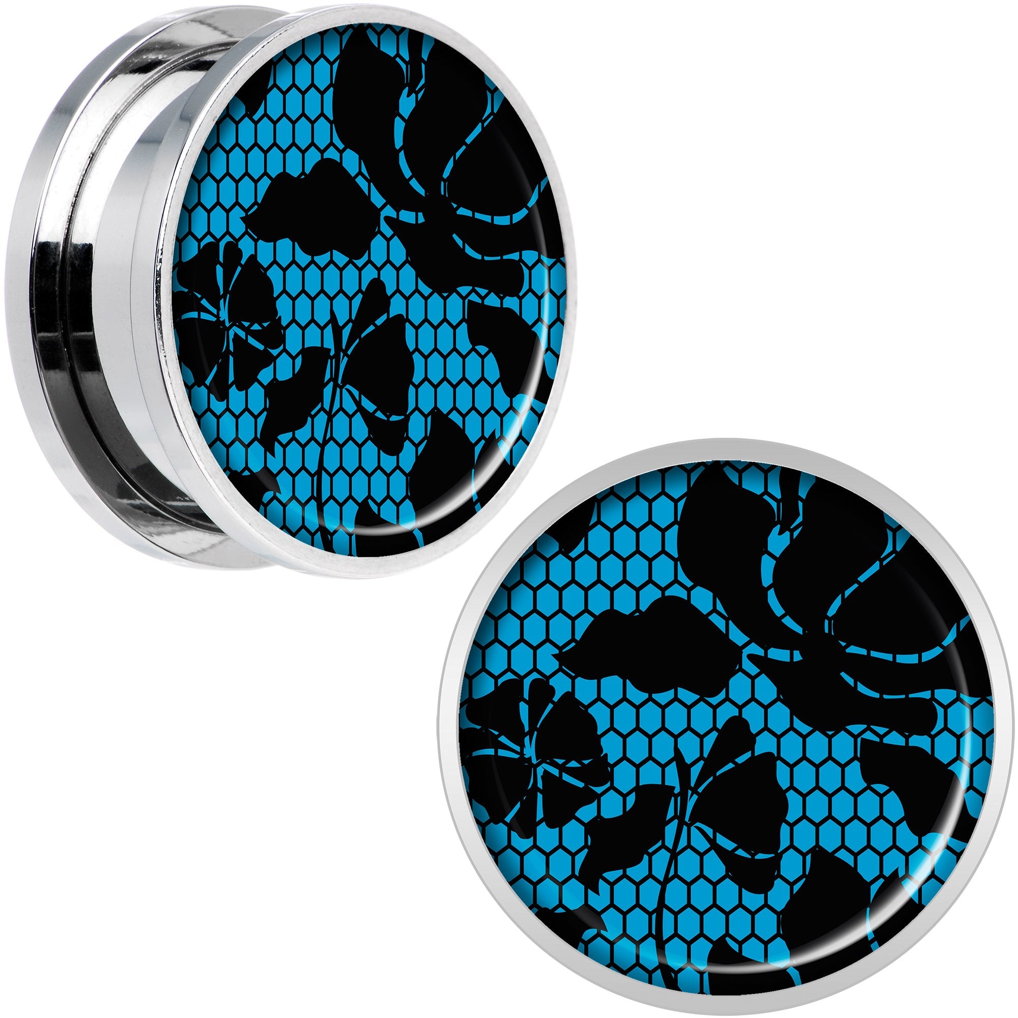 Blue Floral Lace Steel Screw Fit Plug Set 20mm