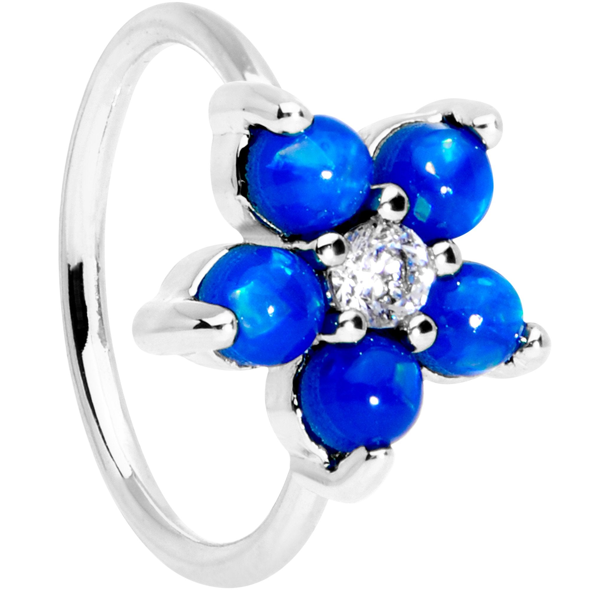 20 Gauge 5/16 Clear CZ Blue Faux Opal Flower Seamless Circular Ring