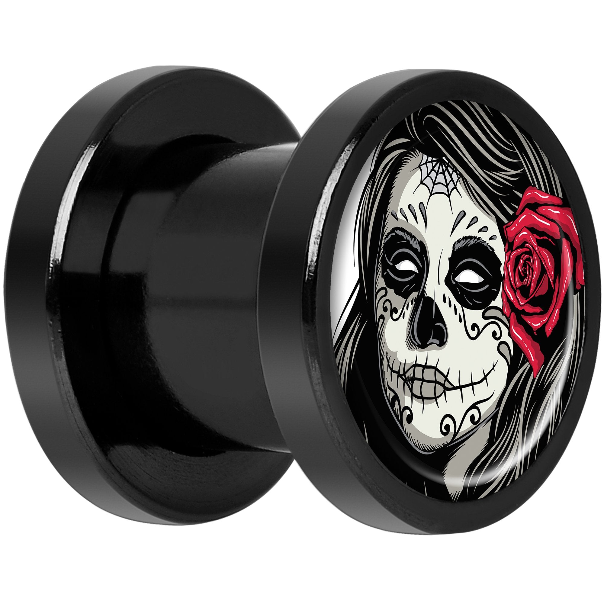 Katrina Sugar Skull Rose Flower Black Anodized Screw Fit Plug Set 0 Gauge