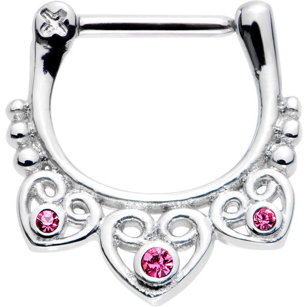 16 Gauge 5/16 Pink Gem Heap of Hearts Septum Clicker