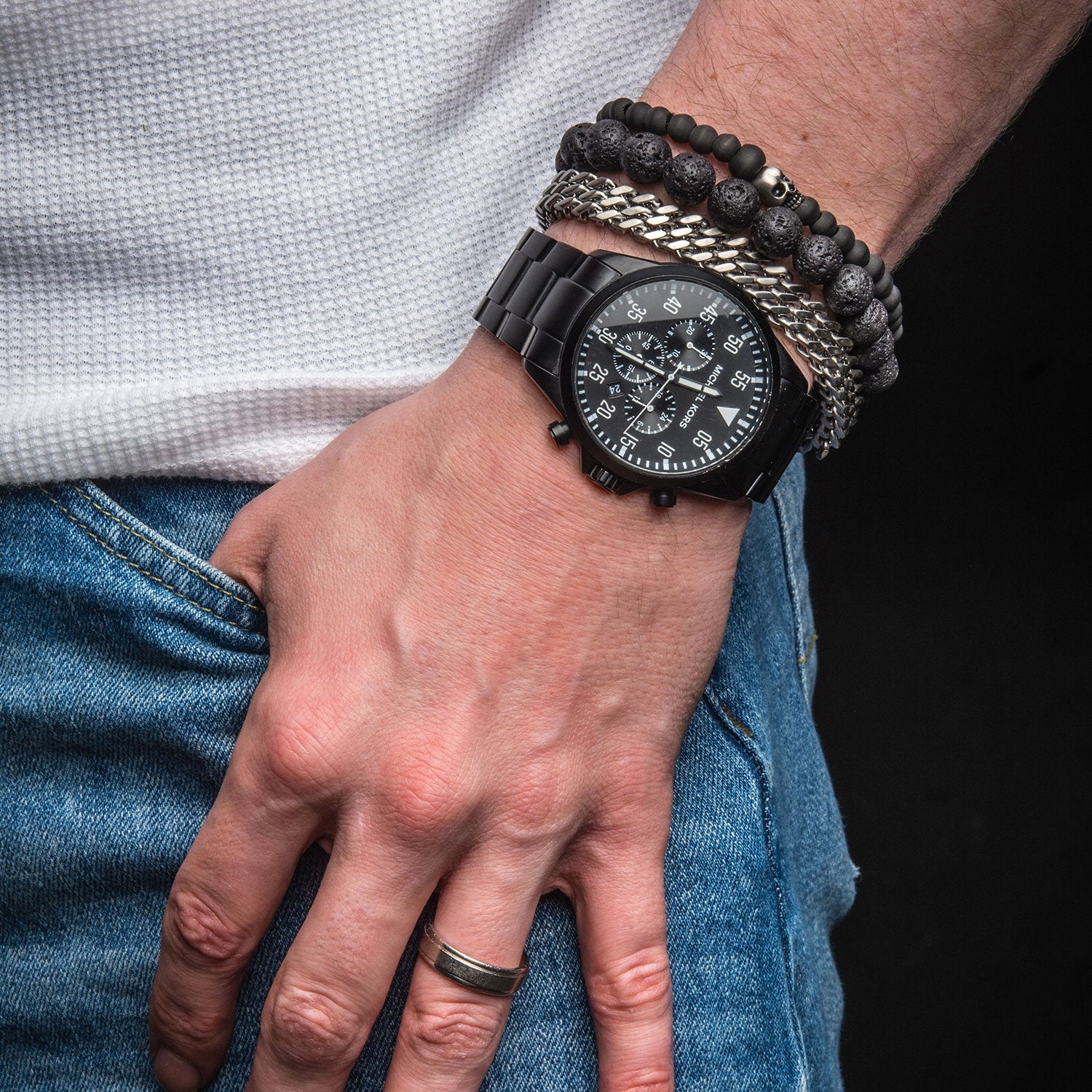 Mens Black IP and Black Lava Beads Bracelet