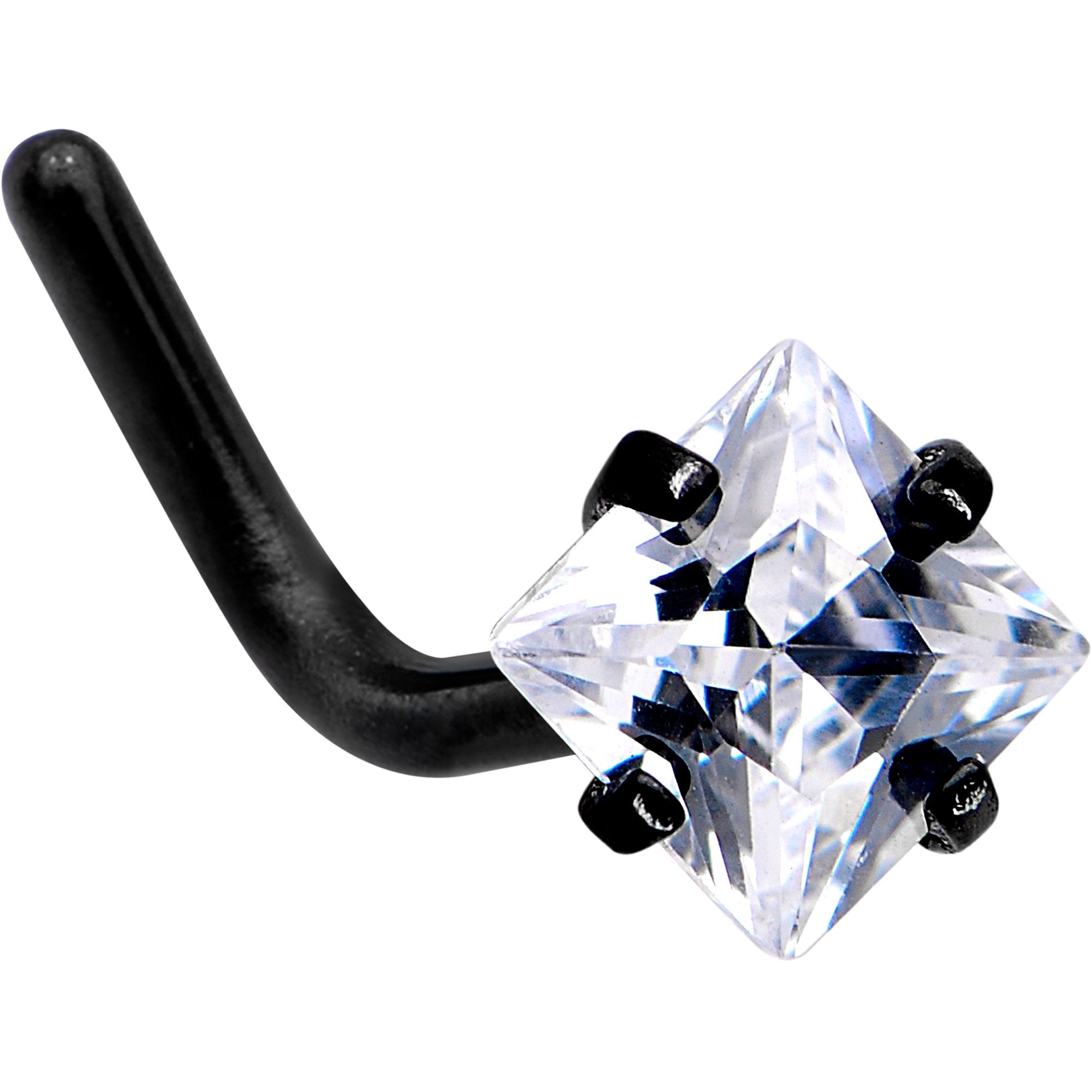 20 Gauge 1/4 Clear Square 2.5mm CZ Gem Black IP L-Shape Nose Ring