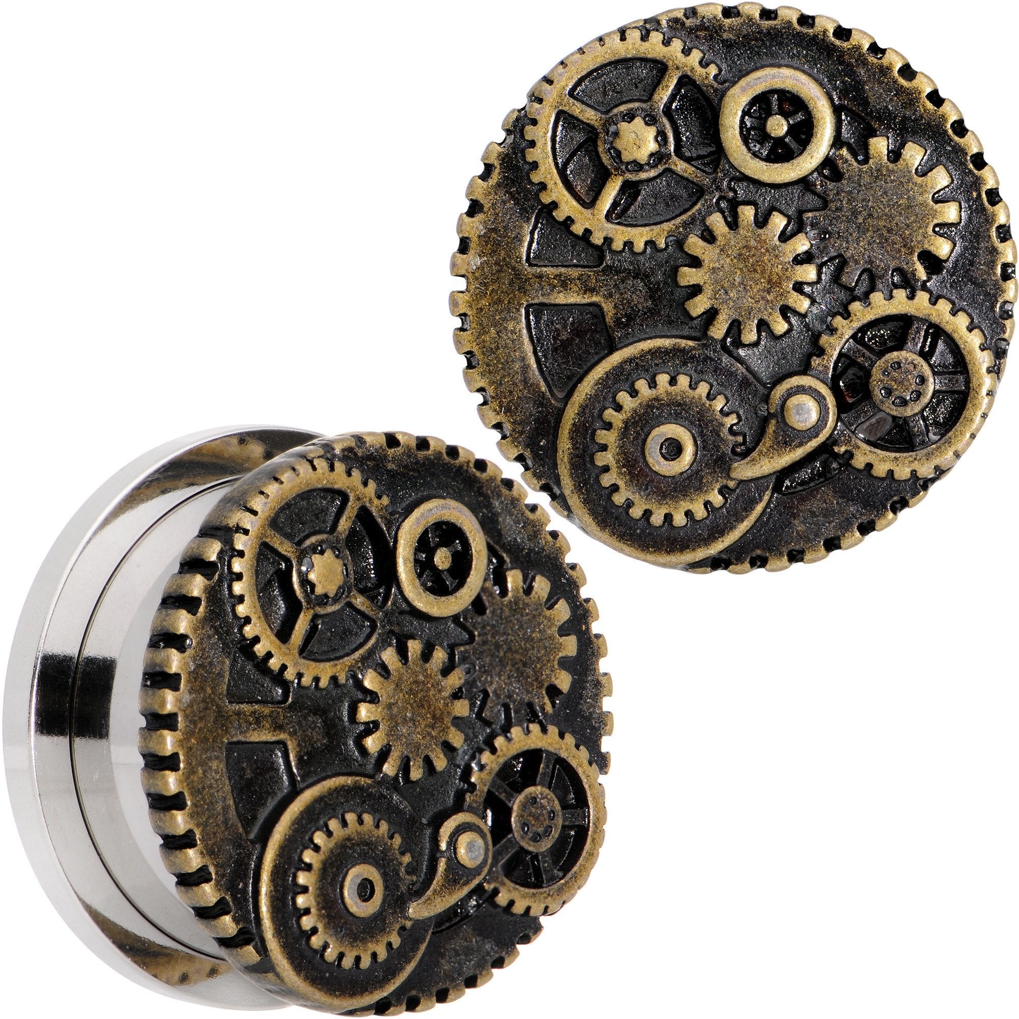 Steampunk Gears and Gizmos Screw Fit Tunnel Plug Set 2 Gauge to 1 Inch