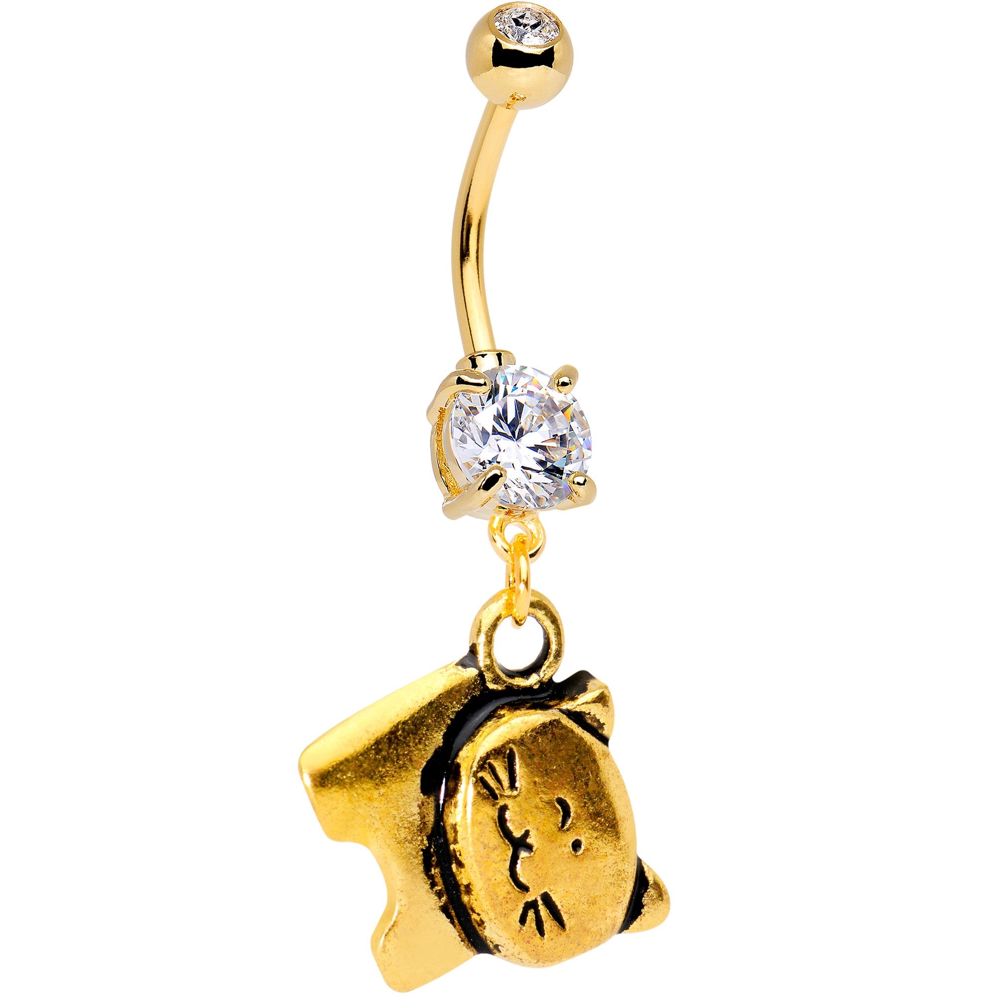 Handmade Clear Gem Gold Tone Anodized Quirky Kitty Cat Dangle Belly Ring