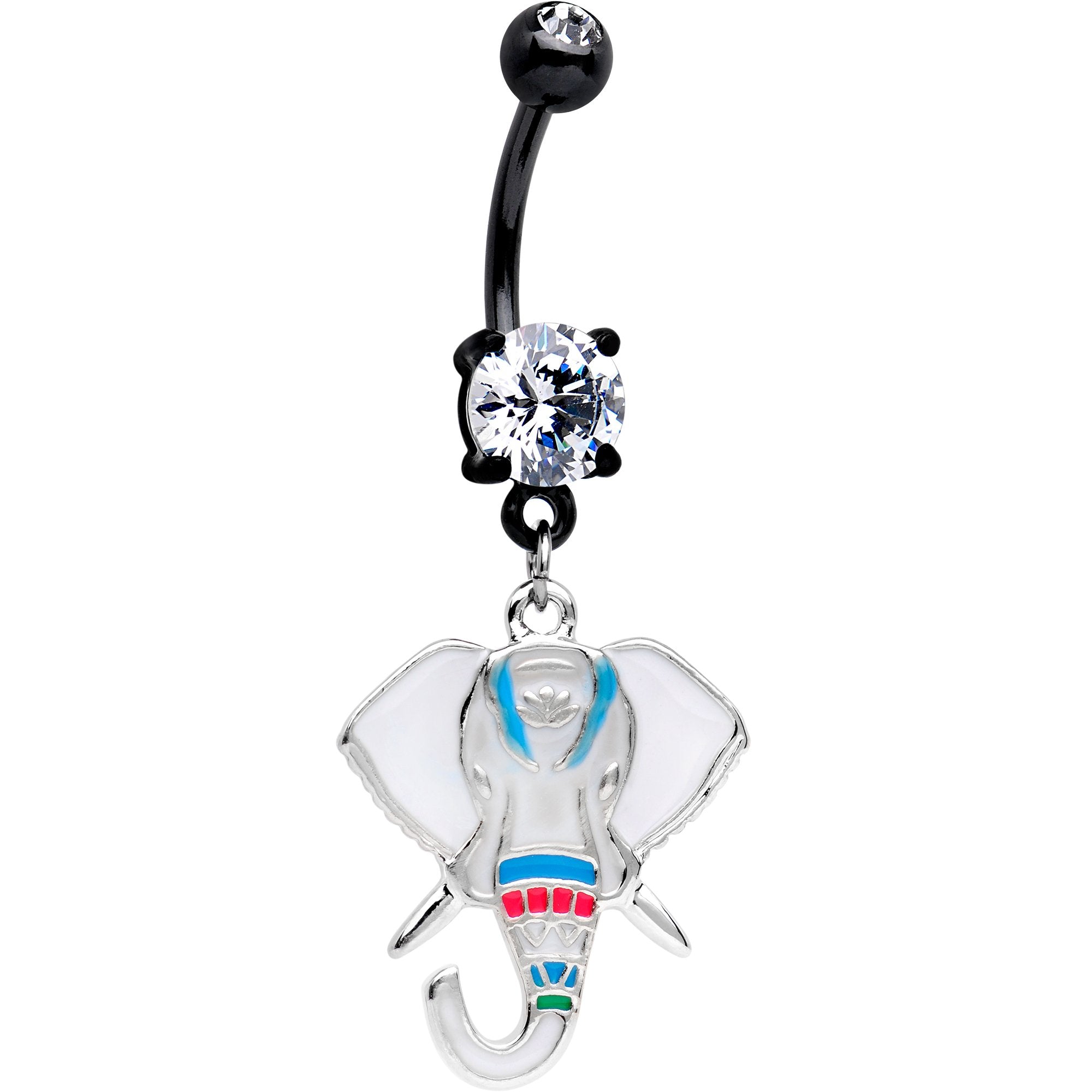 Clear CZ Gem Black PVD White Imperial Elephant Dangle Belly Ring