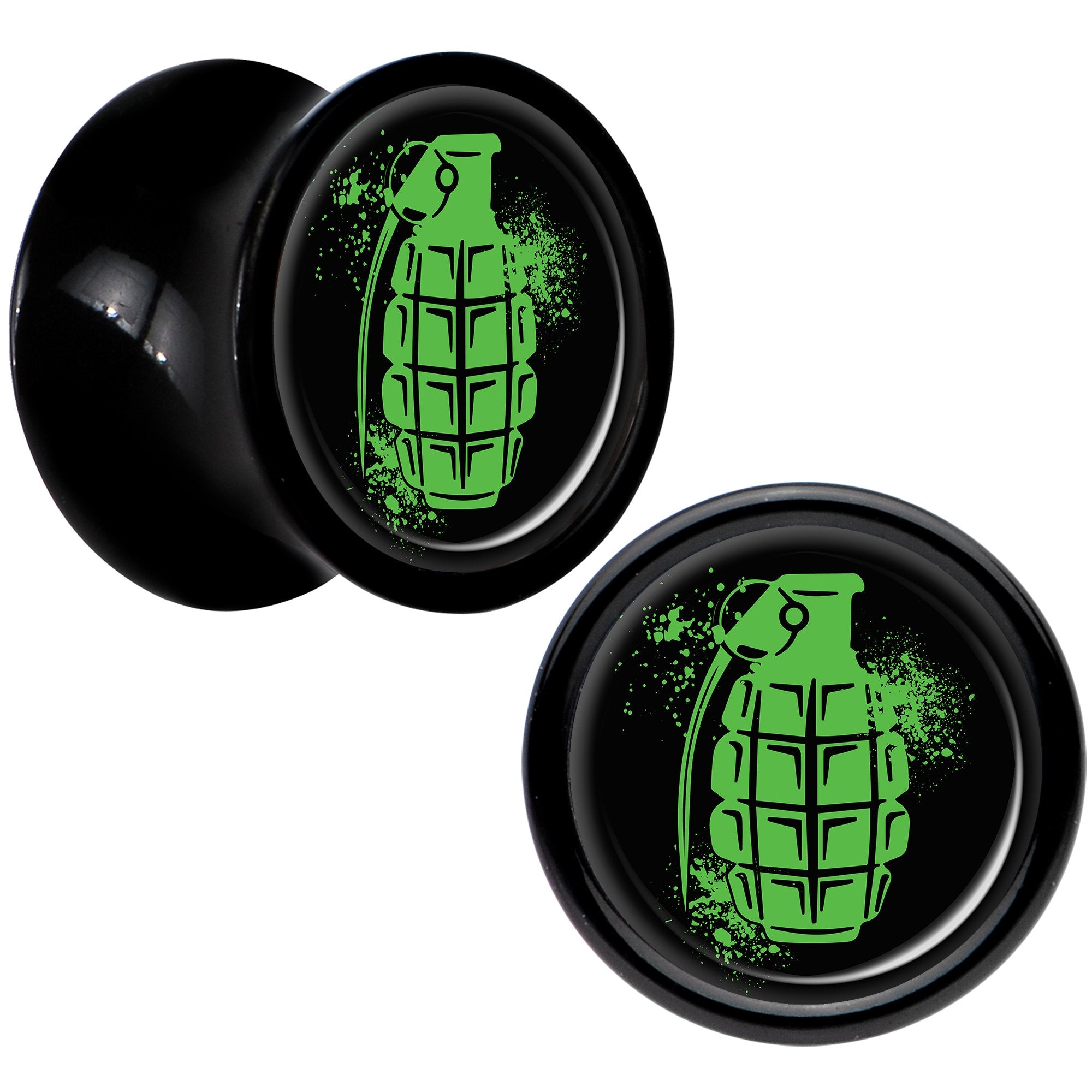 Black Acrylic Green Grenade Saddle Plug Set 0 Gauge