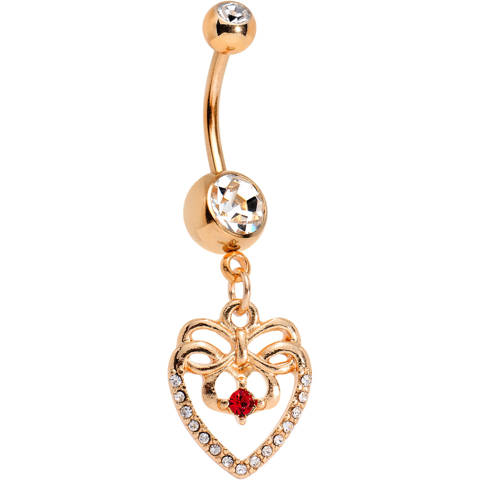 Clear Red CZ Gem Rose Gold Anodized Bow Heart Dangle Belly Ring