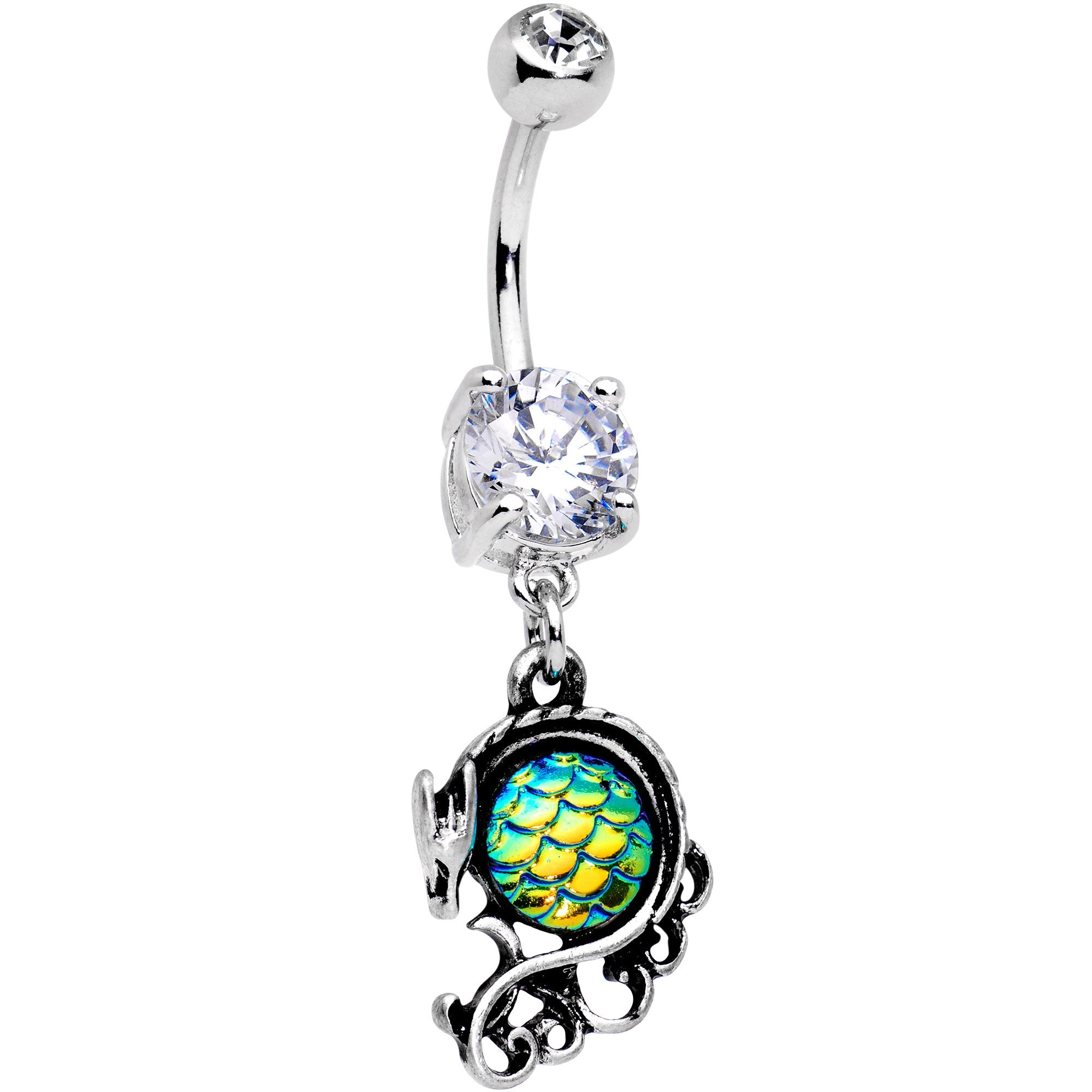 Clear CZ Gem Green Mermaid Scale Dragon Dangle Belly Ring