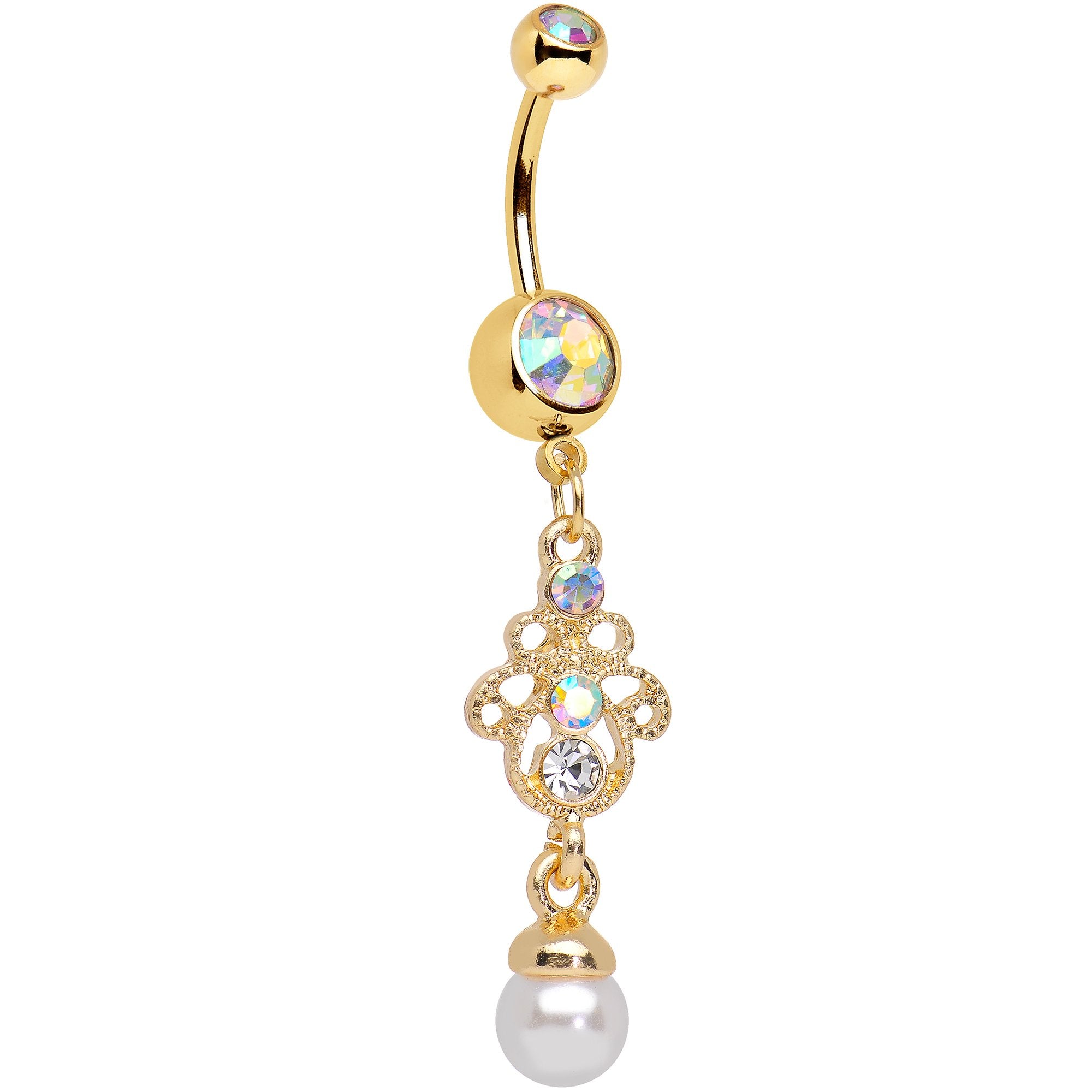 Auora Gem White Orb Gold Tone Anodized Chandelier Dangle Belly Ring