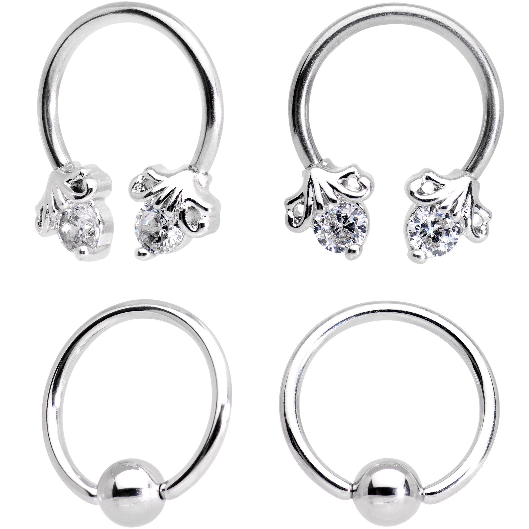 16 Gauge Clear CZ Gem Flower Horseshoe BCR Captive Ring Set of 4