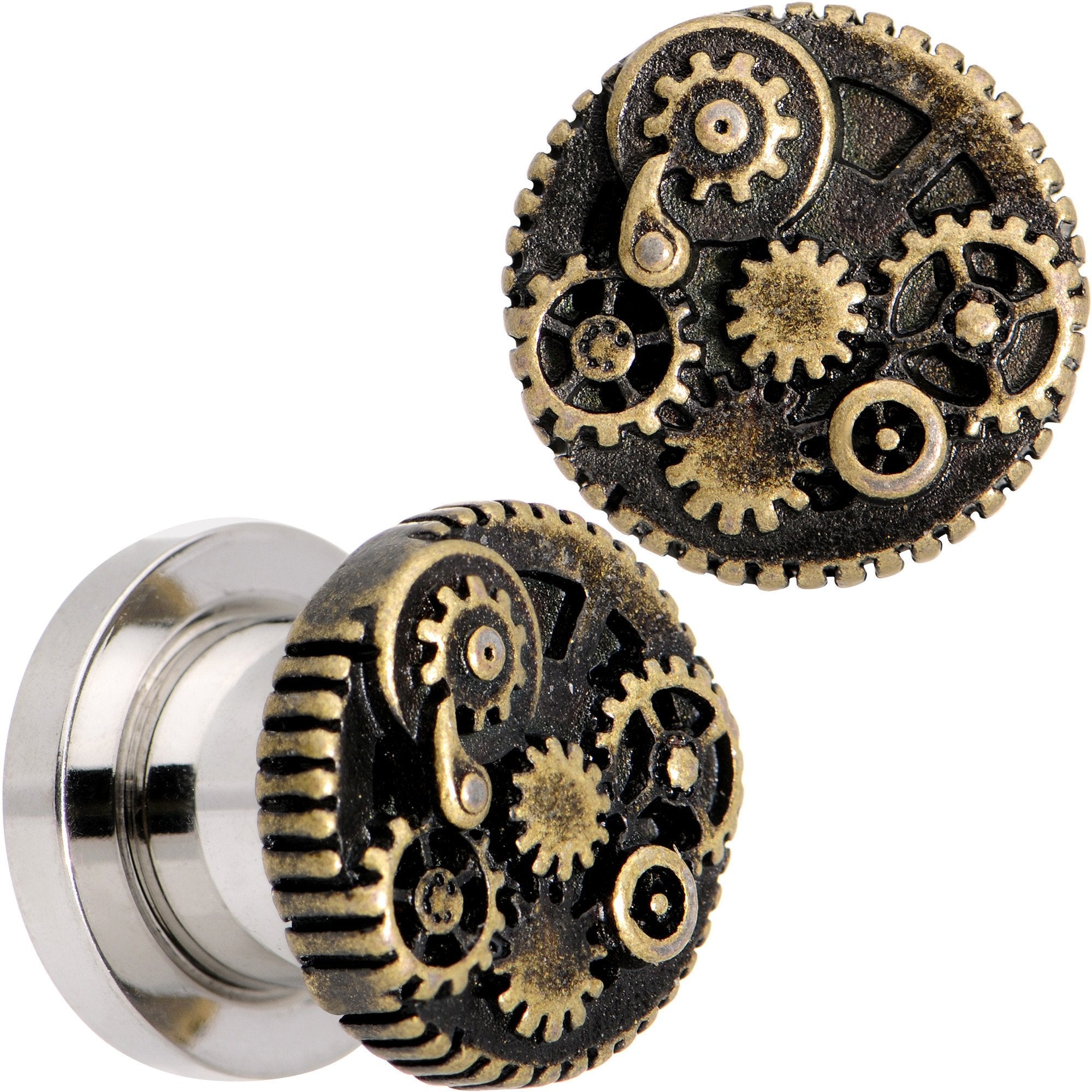 Steampunk Gears and Gizmos Screw Fit Tunnel Plug Set 2 Gauge to 1 Inch