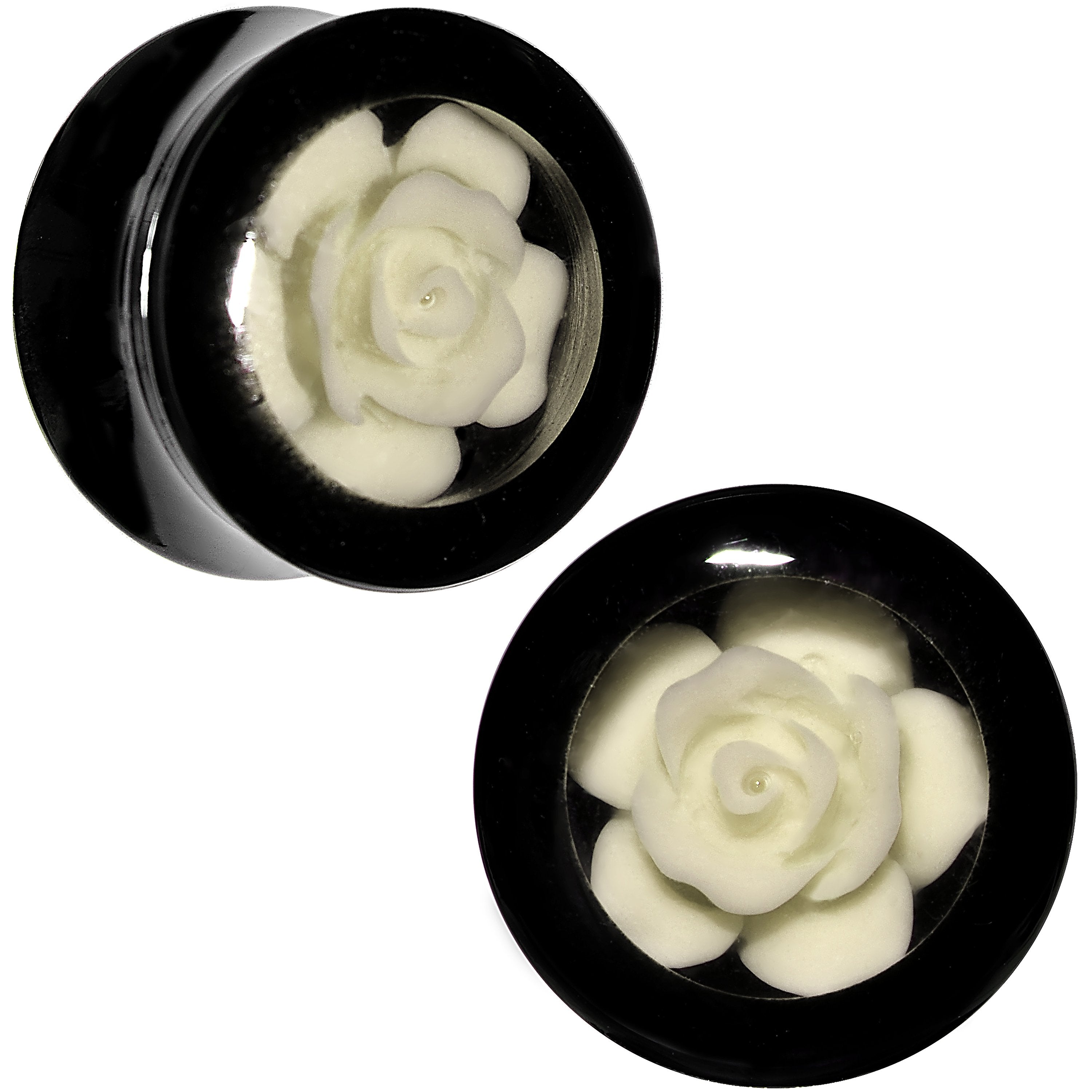 Black Acrylic White Rose Flower Insert Saddle Plug Set Available in Sizes 00 Gauge to 26mm