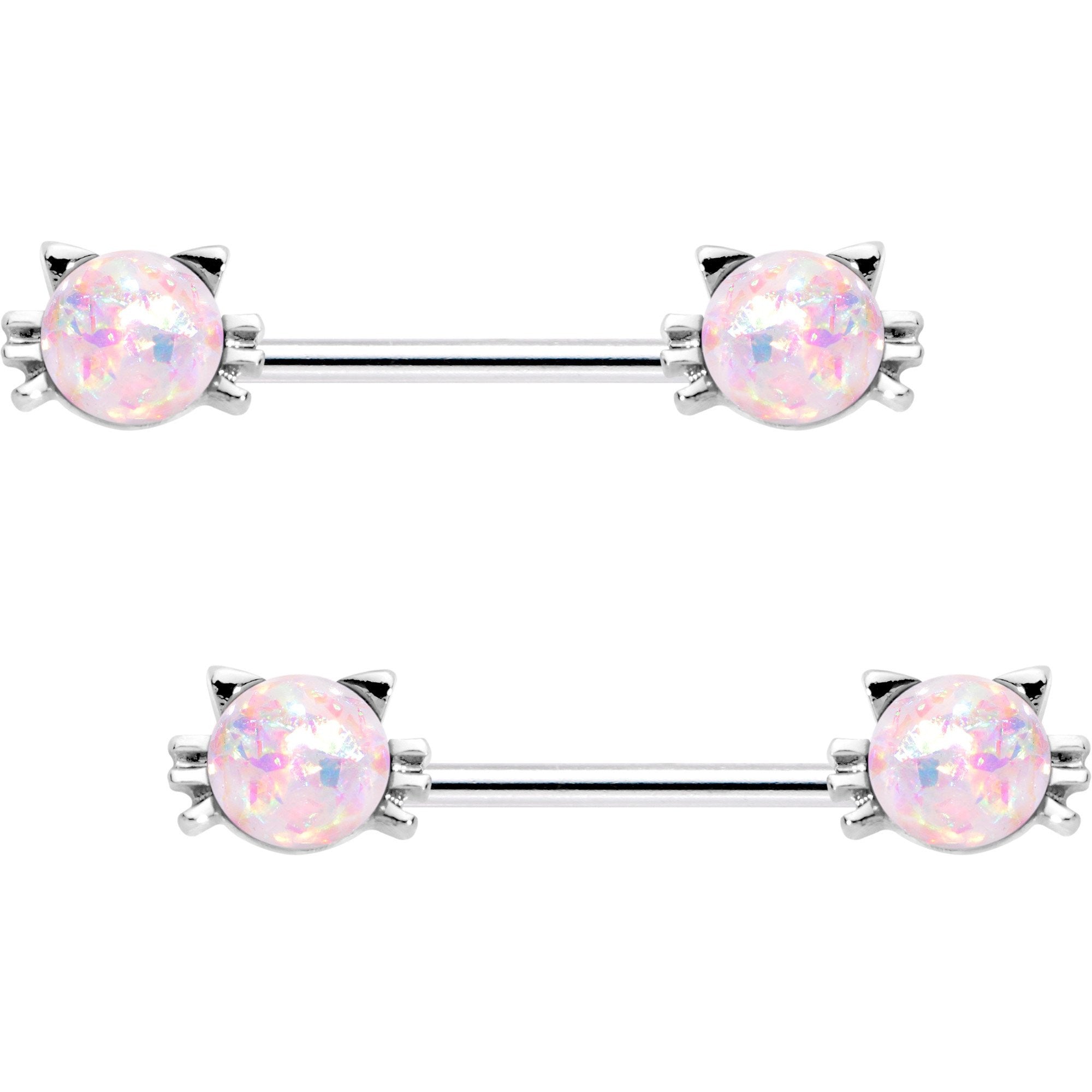 5/8 White Faux Opal Kitty Cat Whiskers Barbell Nipple Ring Set